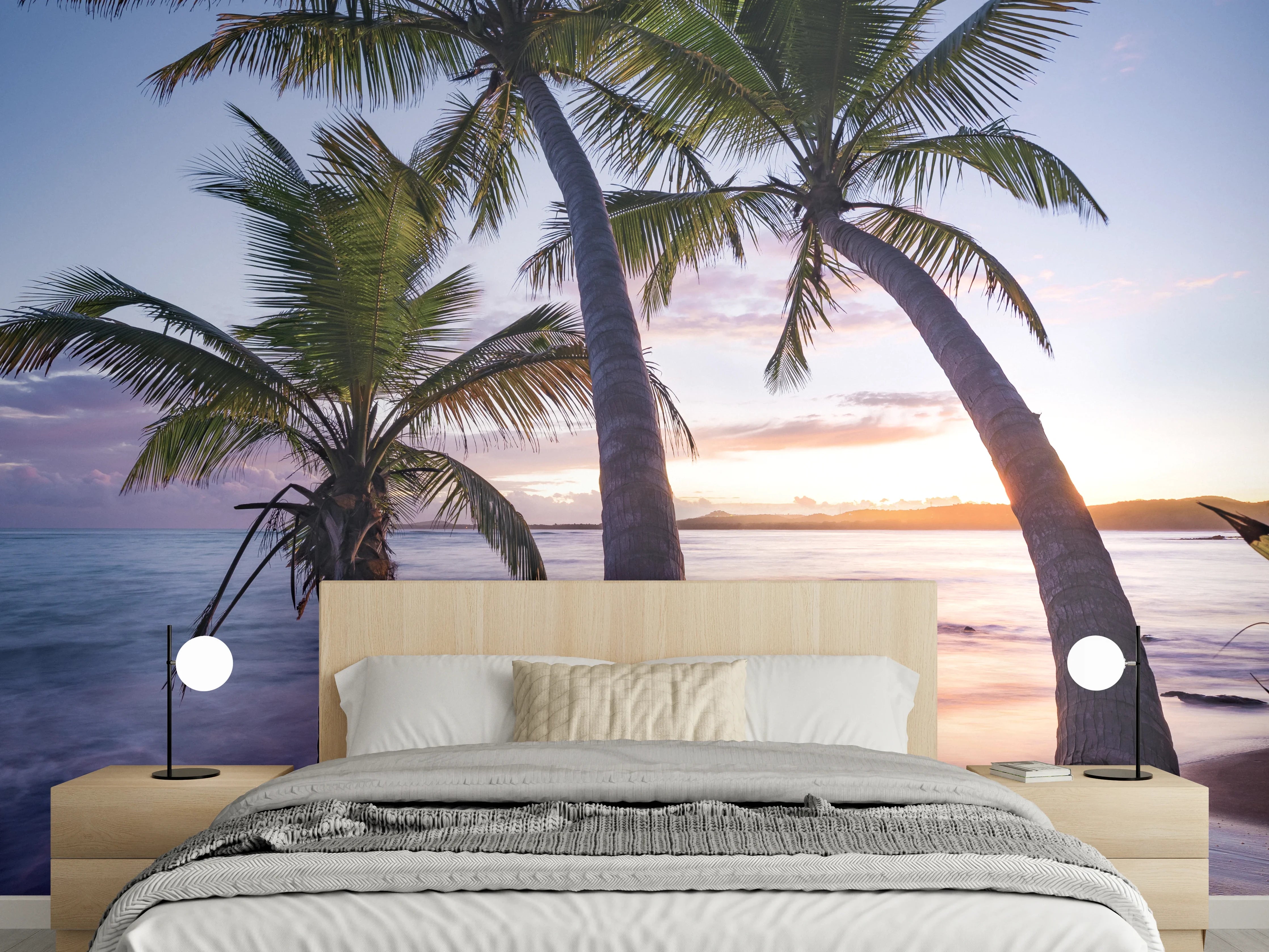 Wandverkleidung Schlafzimmer - Palmenstrand Sonnenuntergang Tropisch