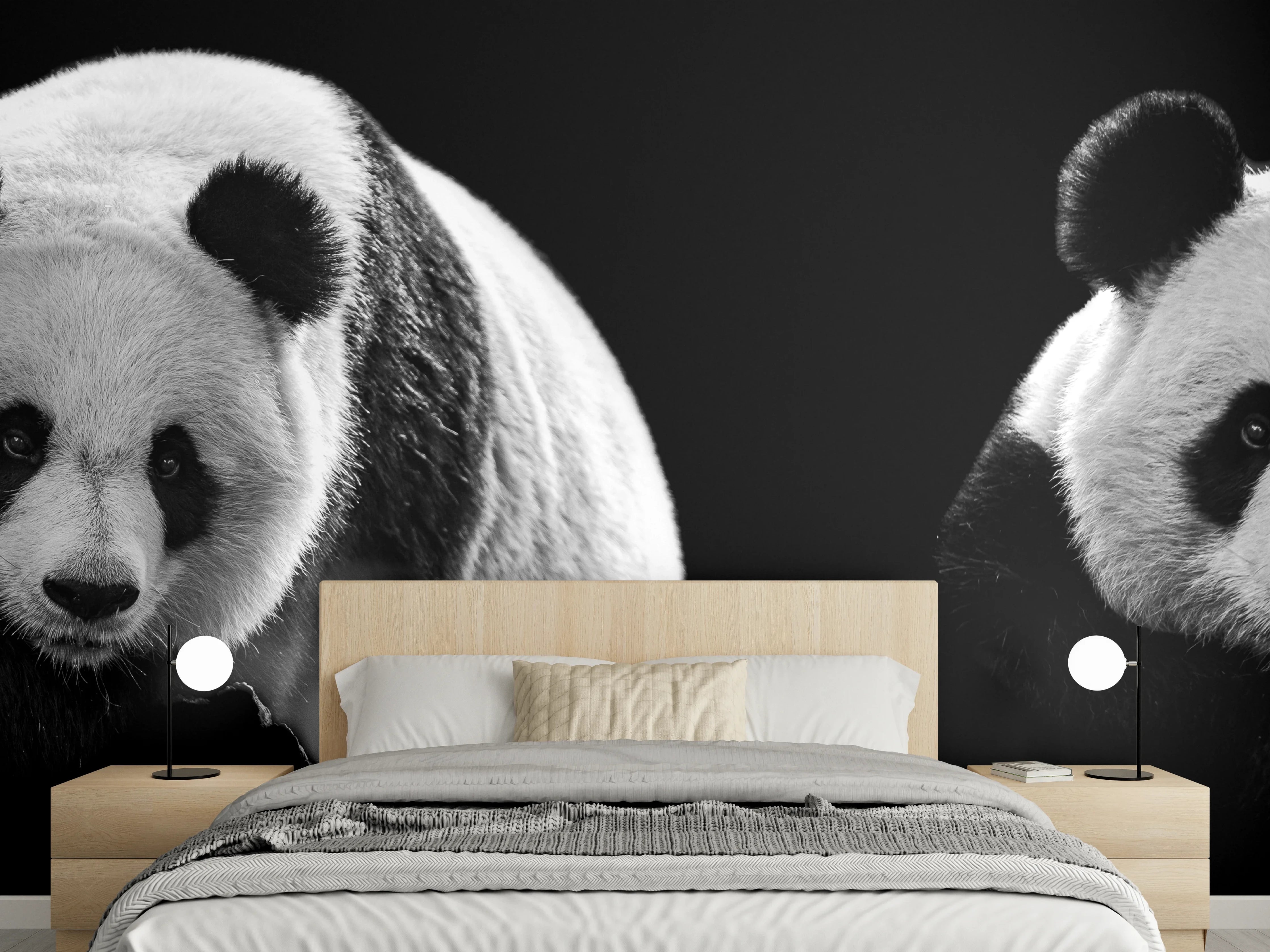 Wandverkleidung Schlafzimmer - Panda mit schwarzem Hintergrund