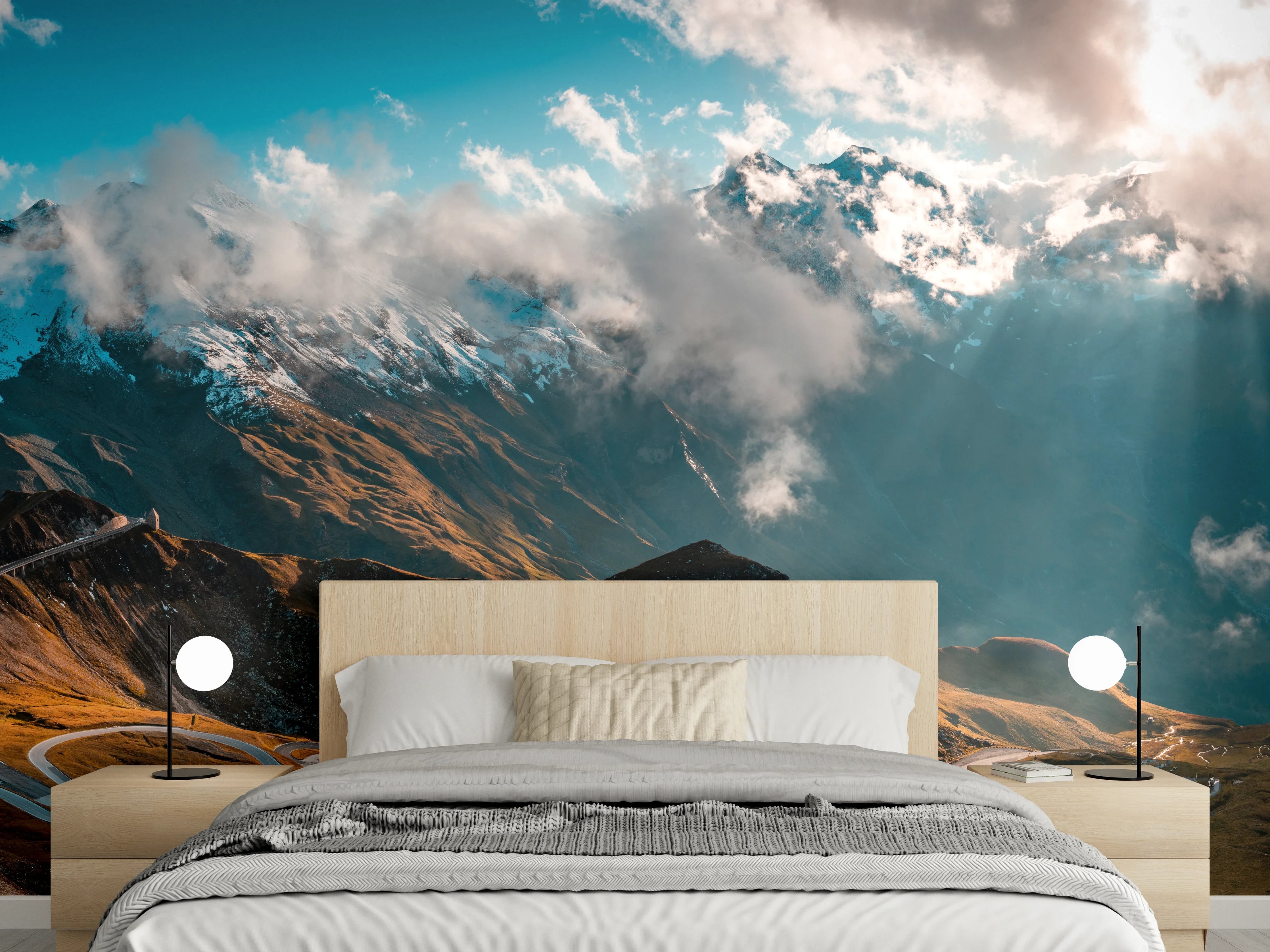 Wandverkleidung Schlafzimmer - Panorama Alpen Gebirgsstraße Fototapete