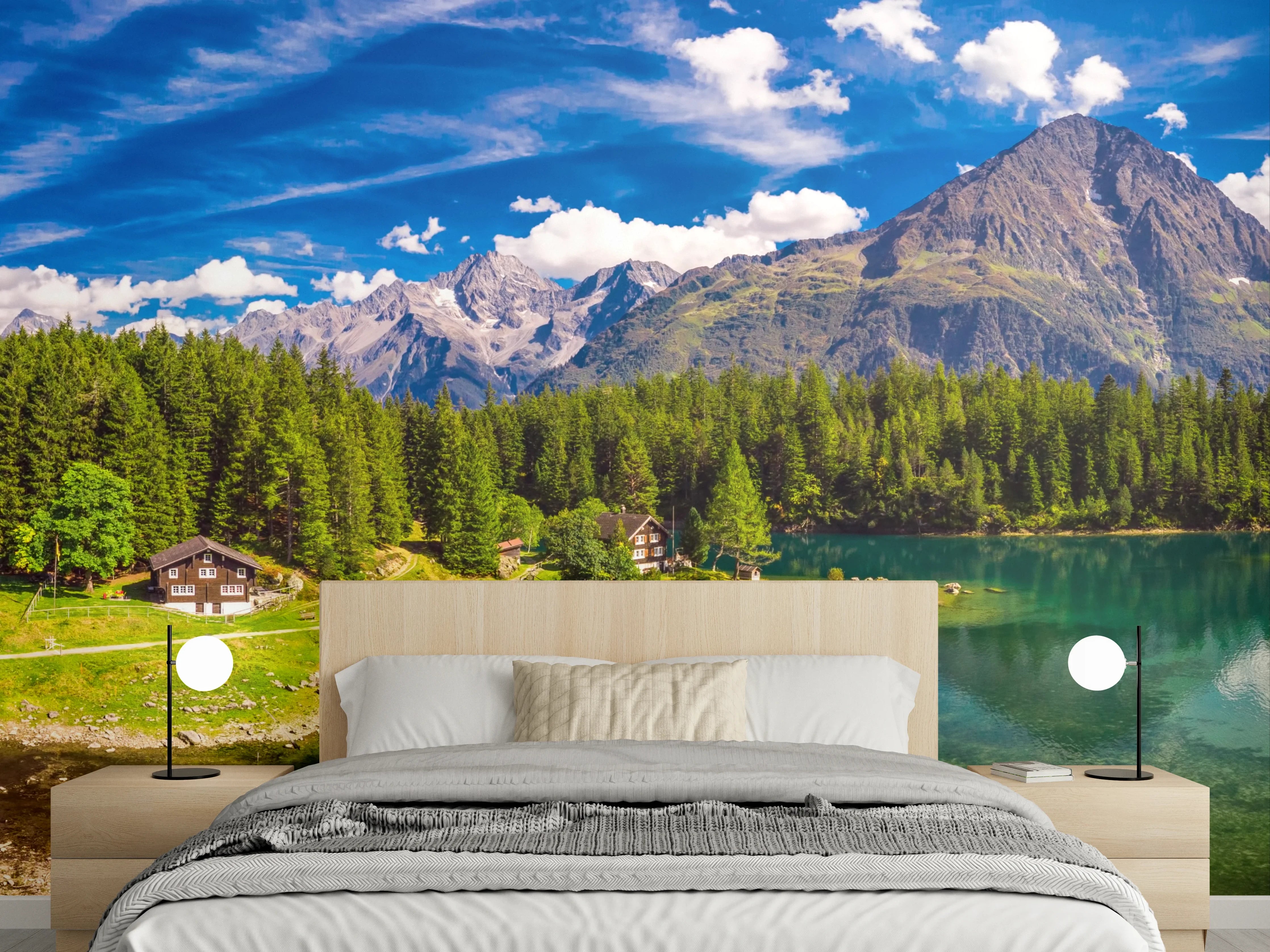 Wandverkleidung Schlafzimmer - Panorama Alpen See Wald Landschaft