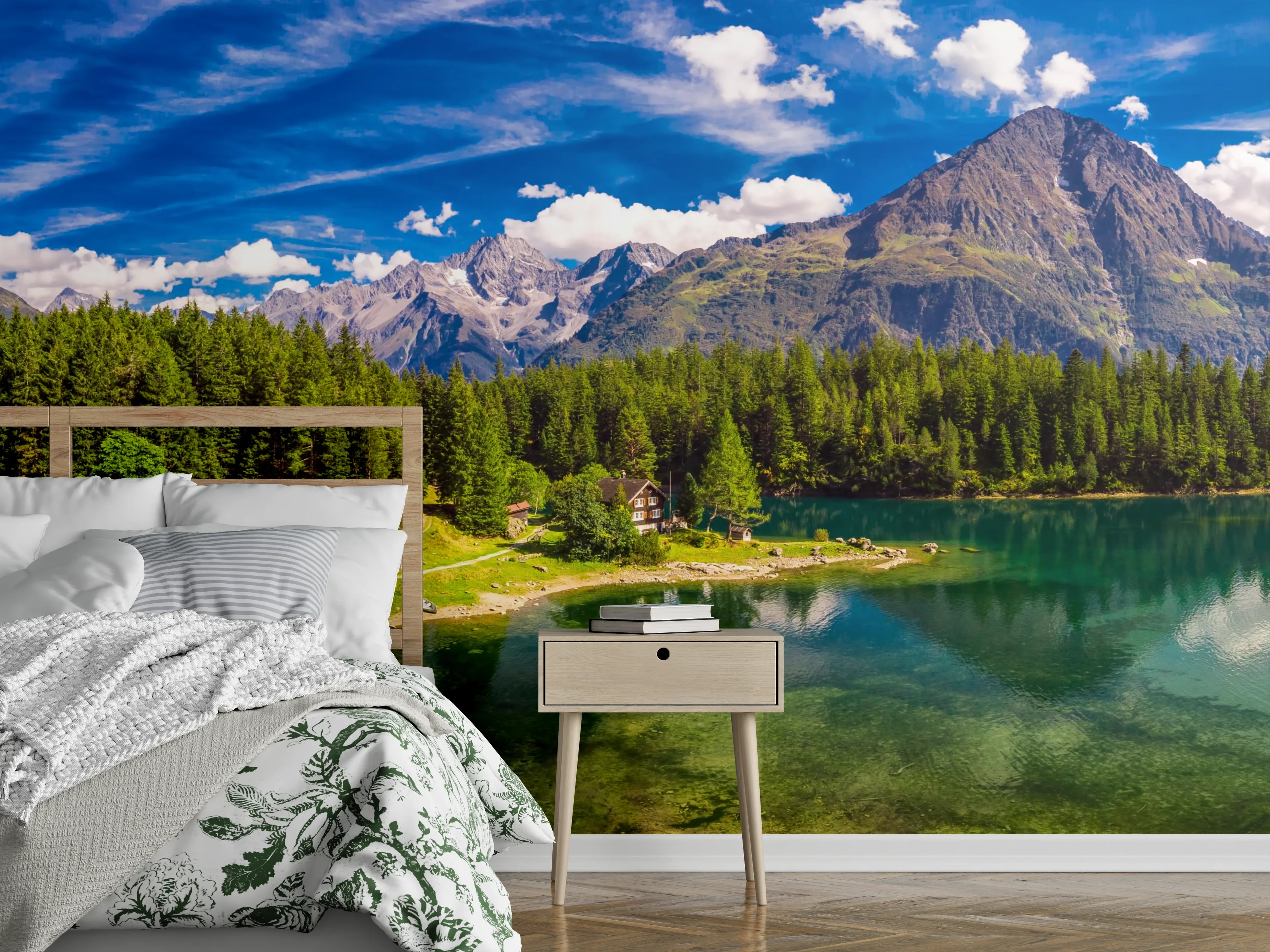 Wandverkleidung Schlafzimmer - Panorama Alpen See Wald Landschaft