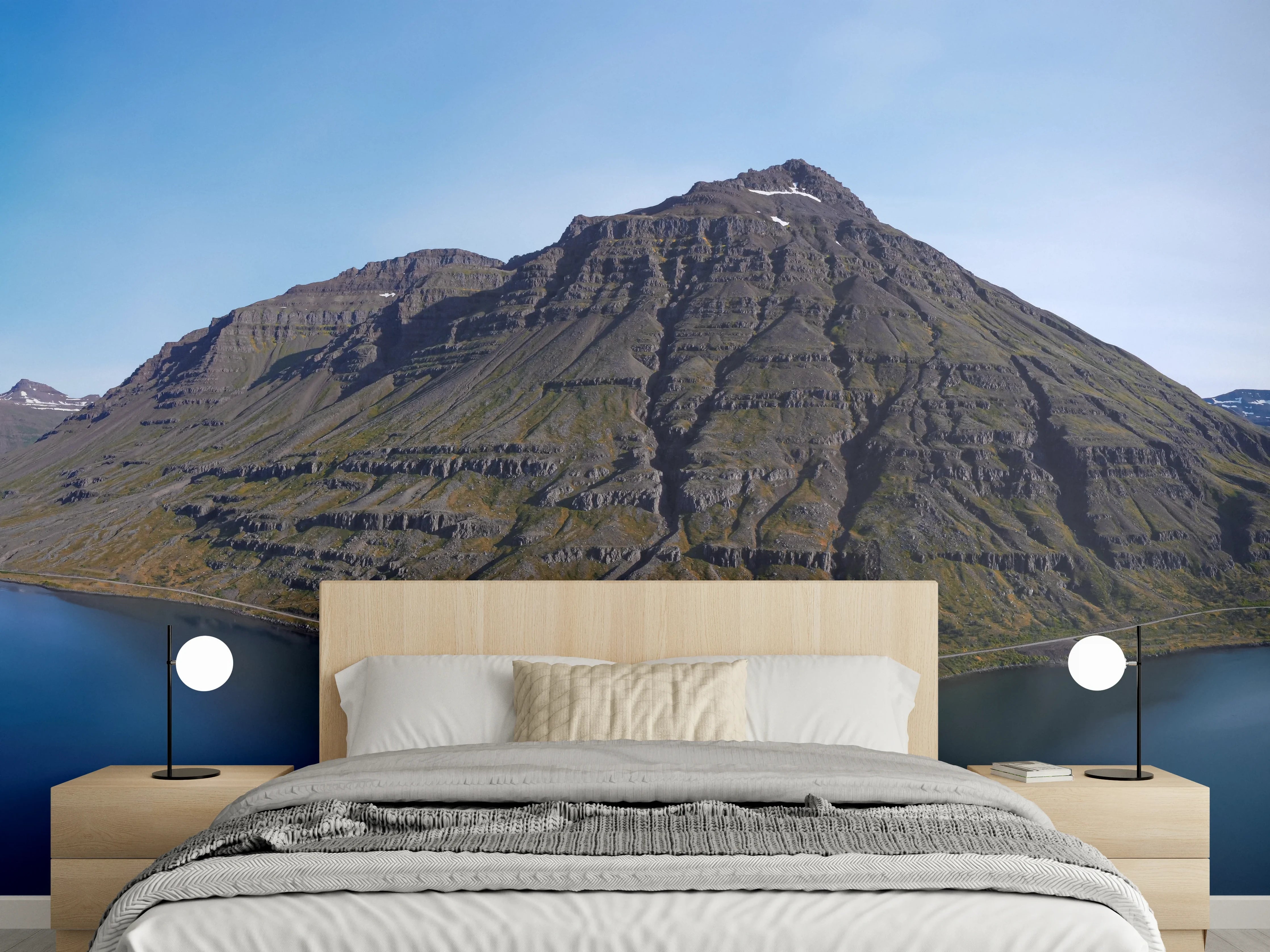 Wandverkleidung Schlafzimmer - Panorama-Berglandschaft am See