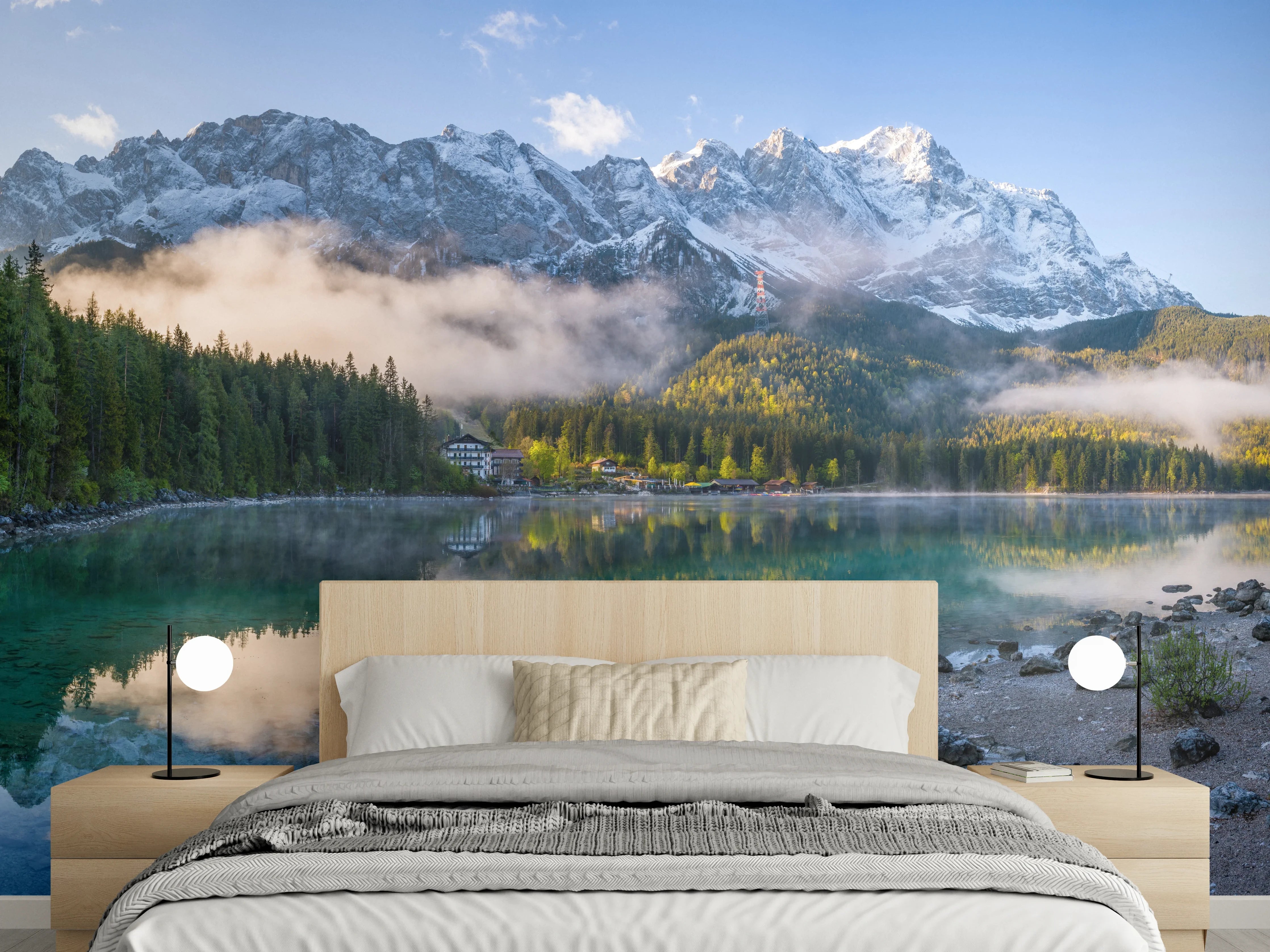 Wandverkleidung Schlafzimmer - Panorama Bergsee mit Alpen-Reflexion