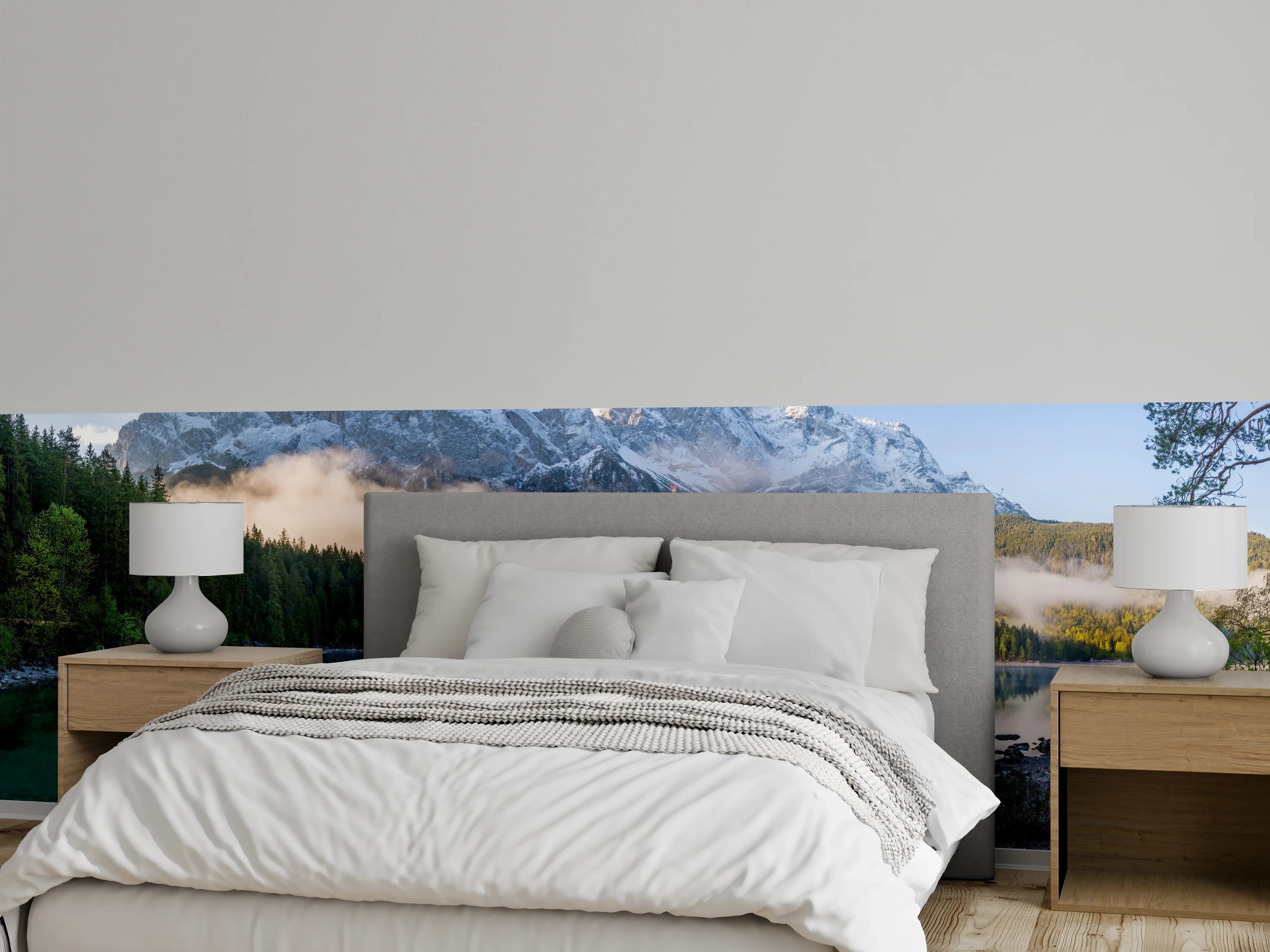 Wandverkleidung Schlafzimmer - Panorama Bergsee mit Alpen-Reflexion
