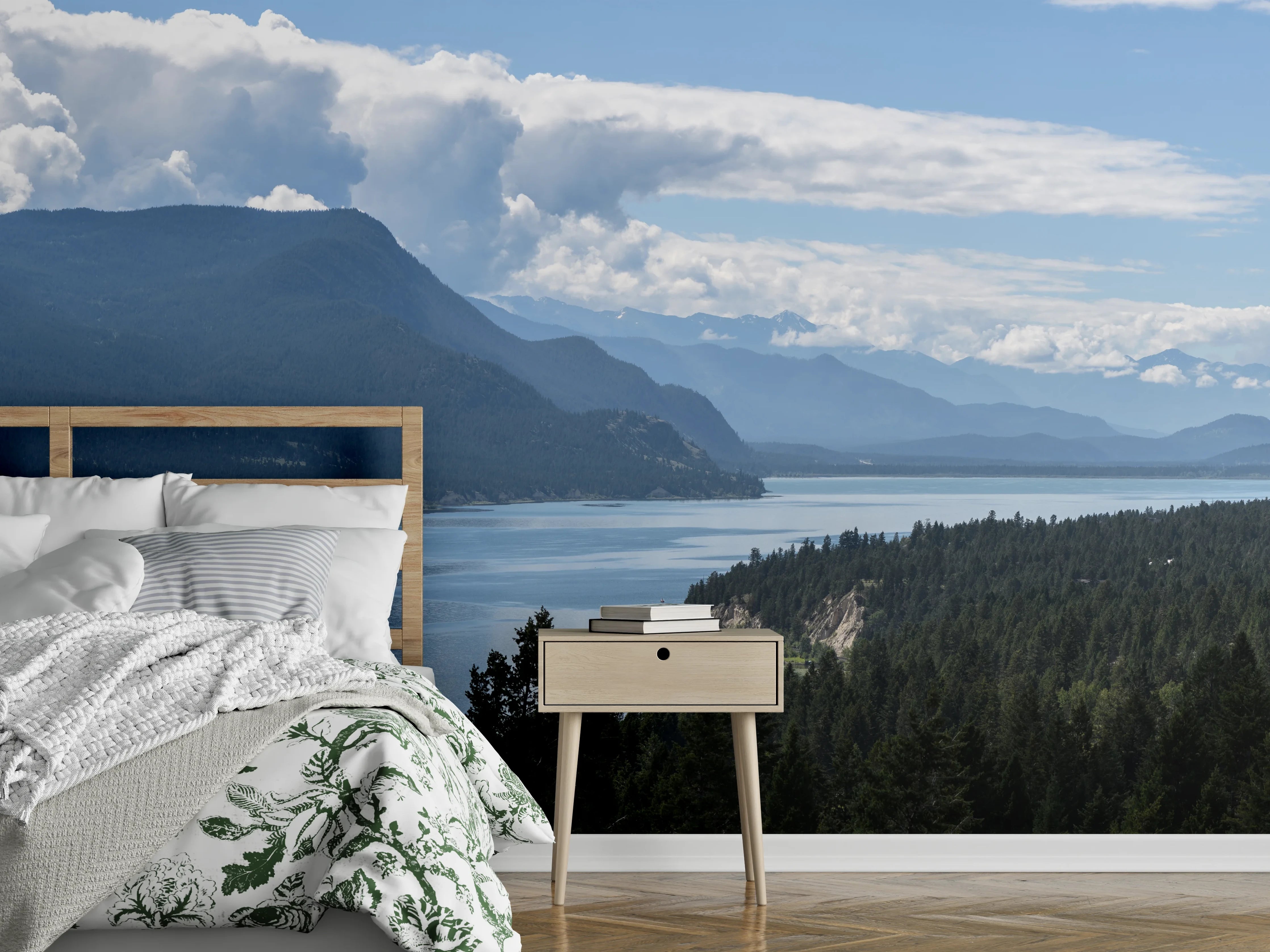 Wandverkleidung Schlafzimmer - Panorama Bergsee und Wald – Naturidylle