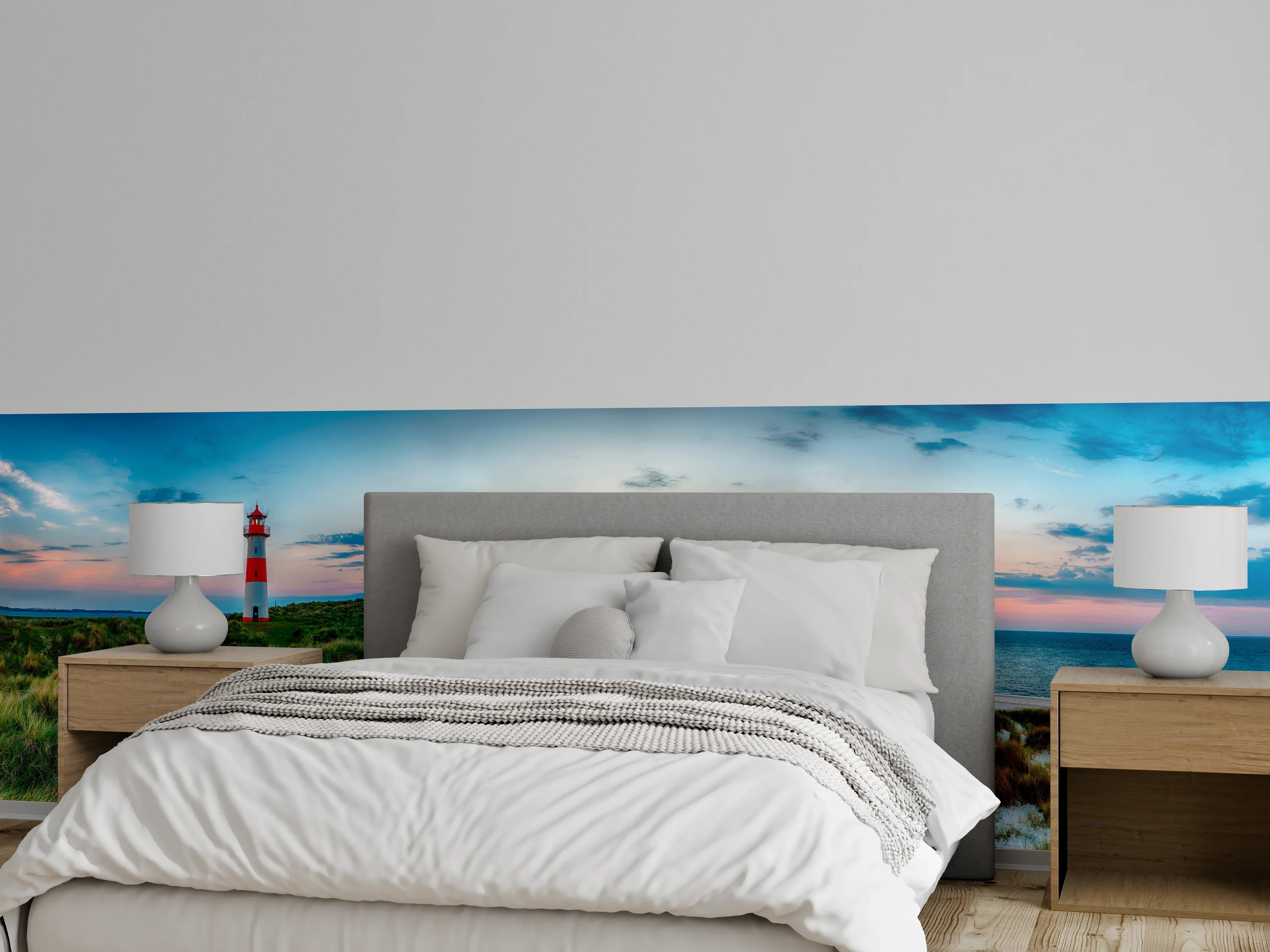Wandverkleidung Schlafzimmer - Panorama Leuchtturm am Meer Sonnenuntergang