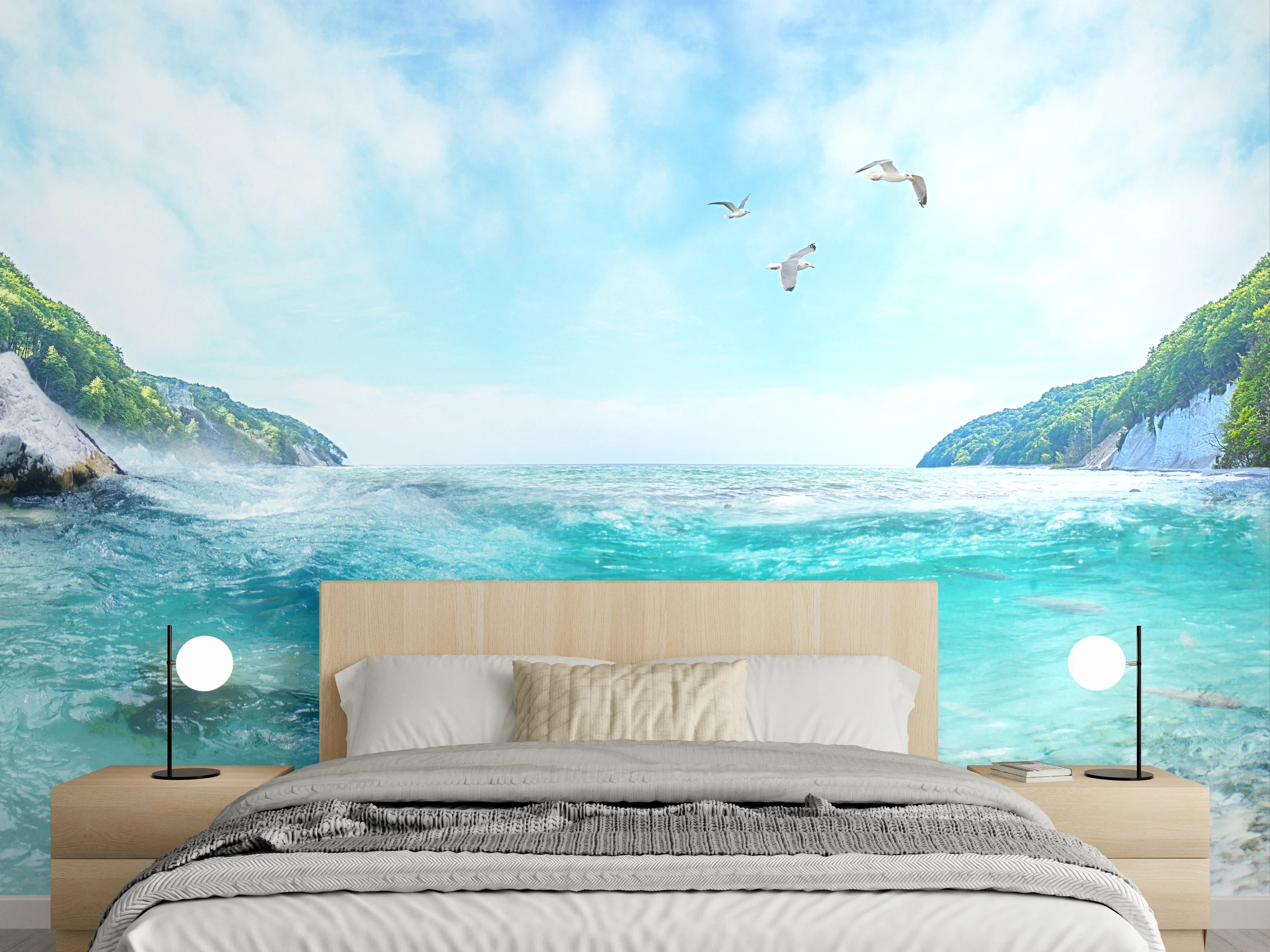 Wandverkleidung Schlafzimmer - Panorama Meeresbucht mit türkisblauem Wasser
