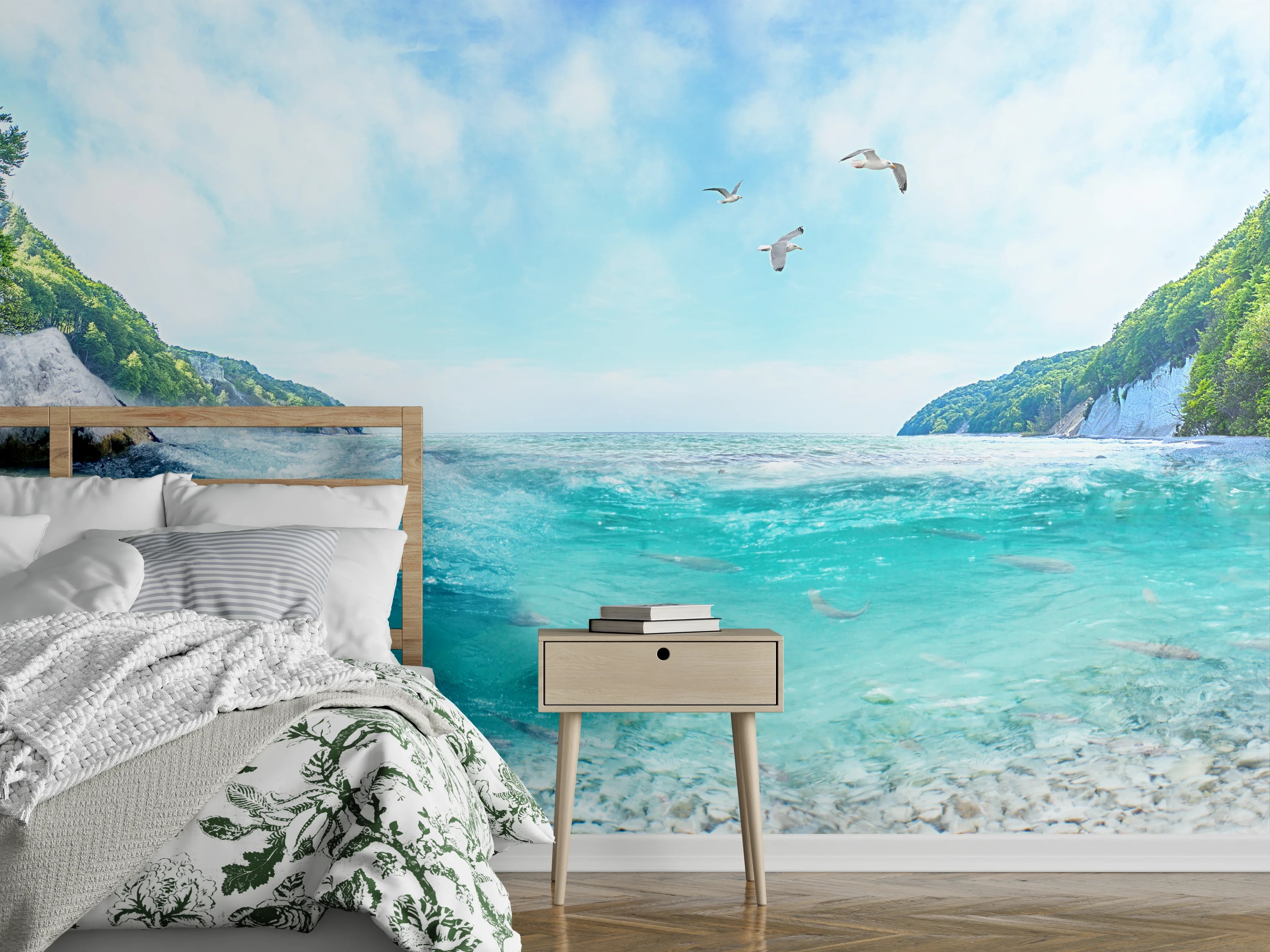 Wandverkleidung Schlafzimmer - Panorama Meeresbucht mit türkisblauem Wasser