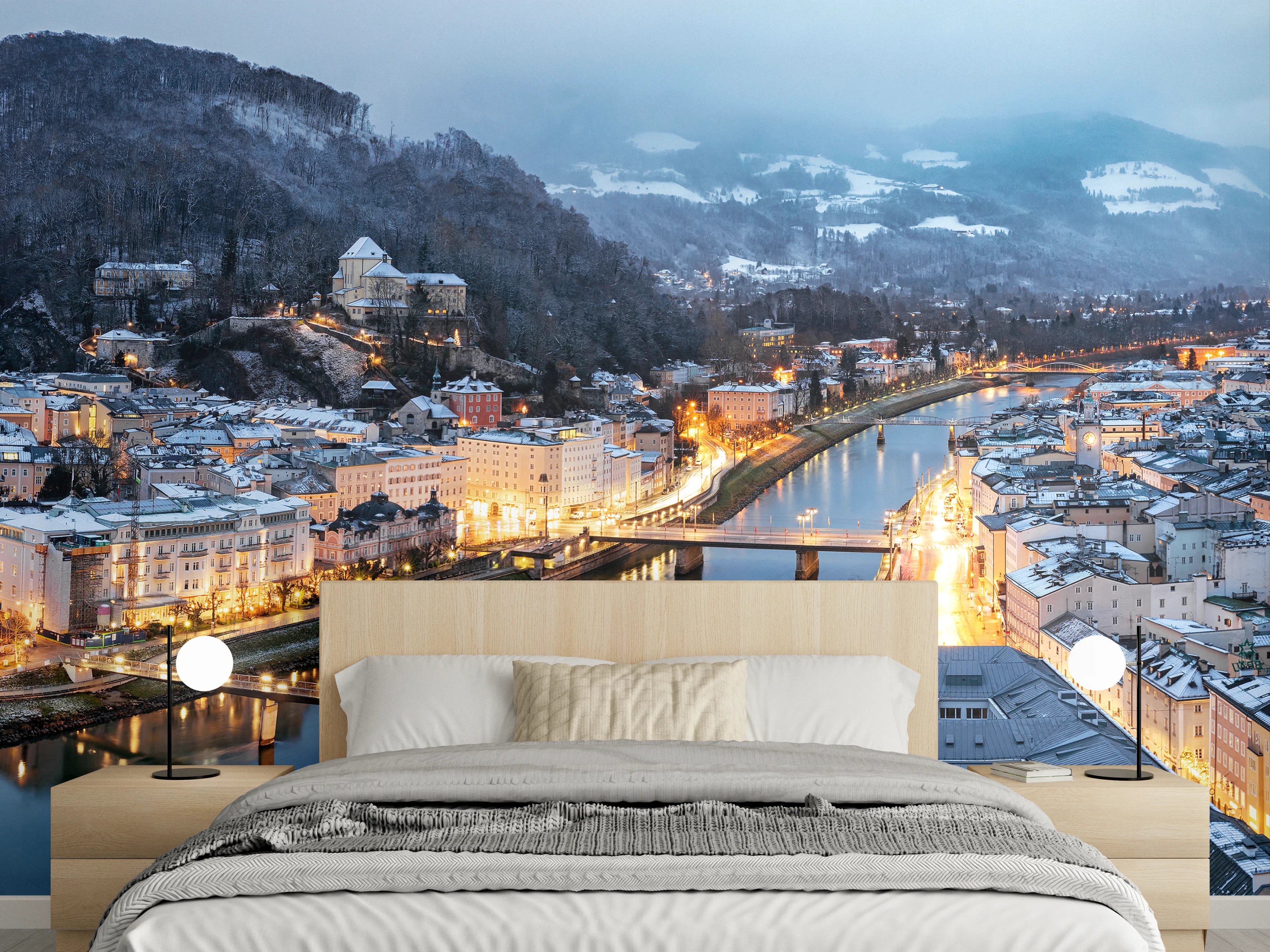 Wandverkleidung Schlafzimmer - Panorama Salzburg bei Abenddämmerung