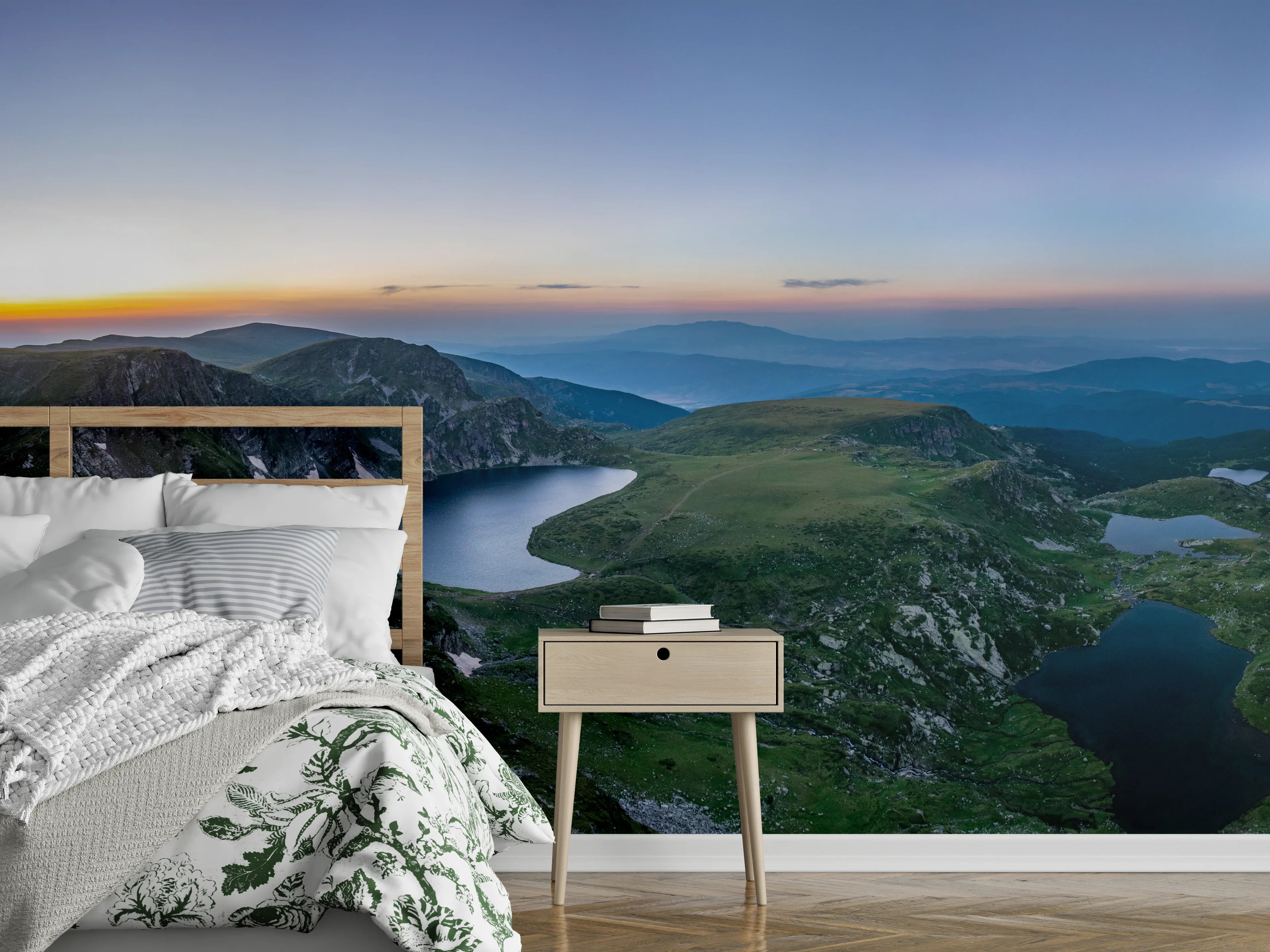 Wandverkleidung Schlafzimmer - Panorama See Berge Sonnenaufgang