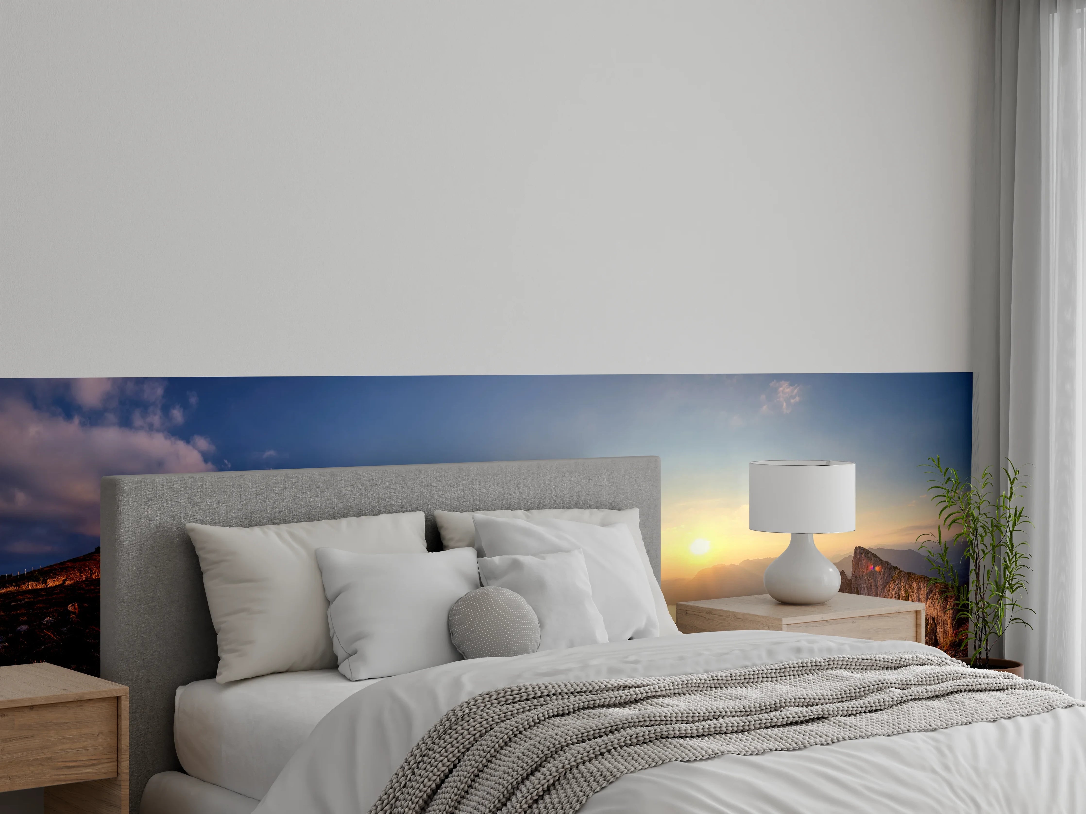 Wandverkleidung Schlafzimmer - Panorama Sonnenuntergang Alpen See