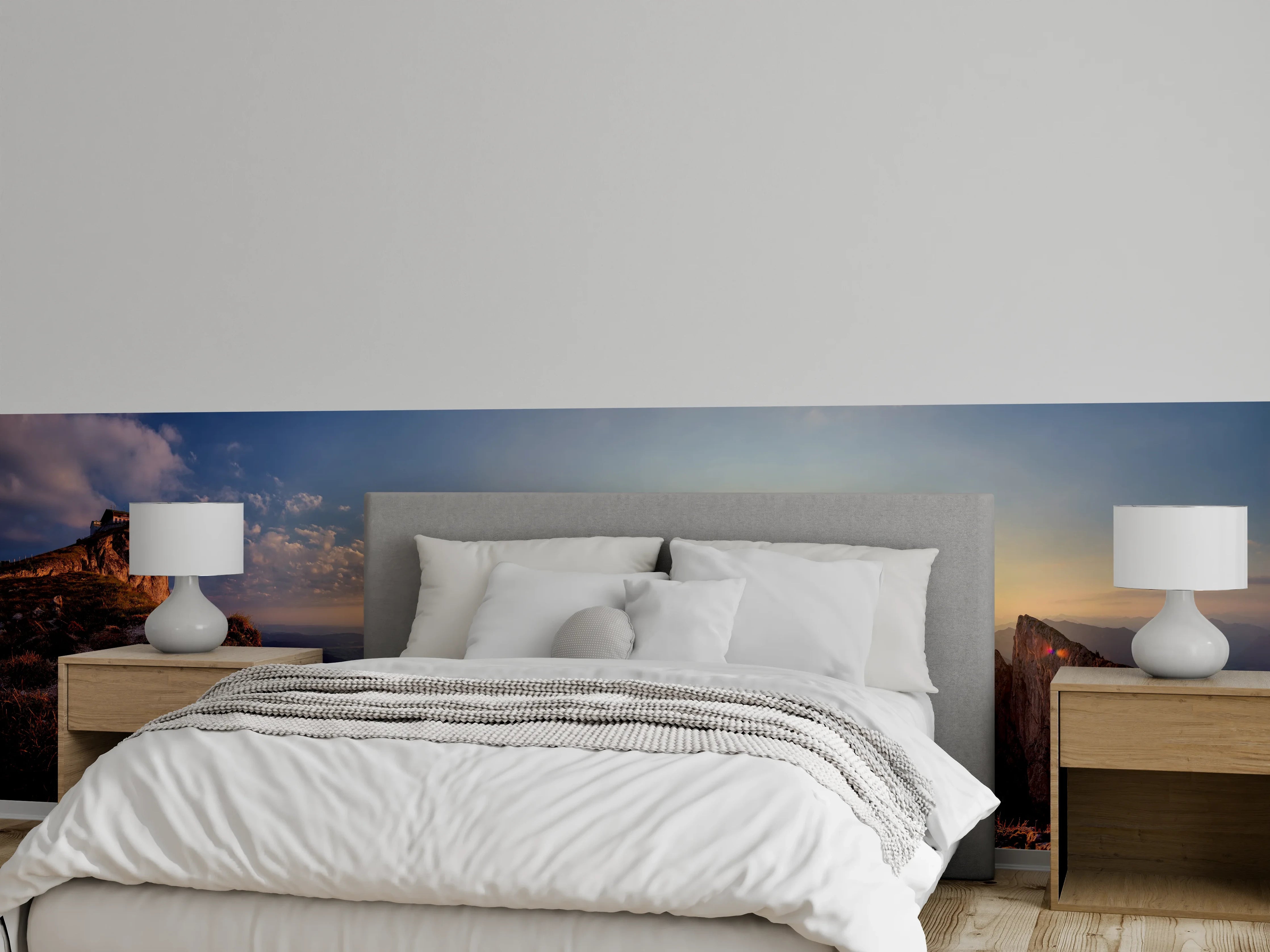 Wandverkleidung Schlafzimmer - Panorama Sonnenuntergang Alpen See