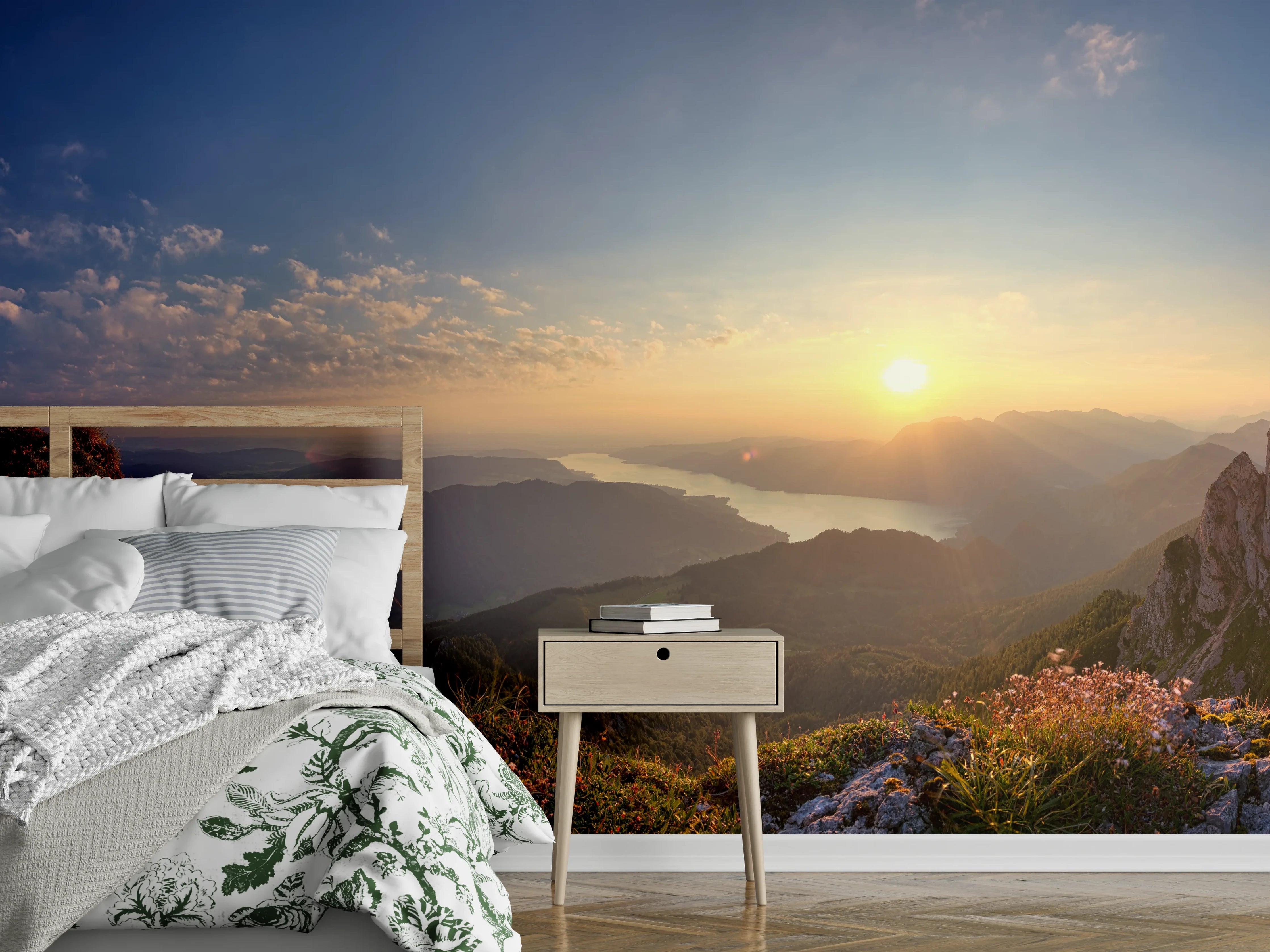 Wandverkleidung Schlafzimmer - Panorama Sonnenuntergang Alpen See