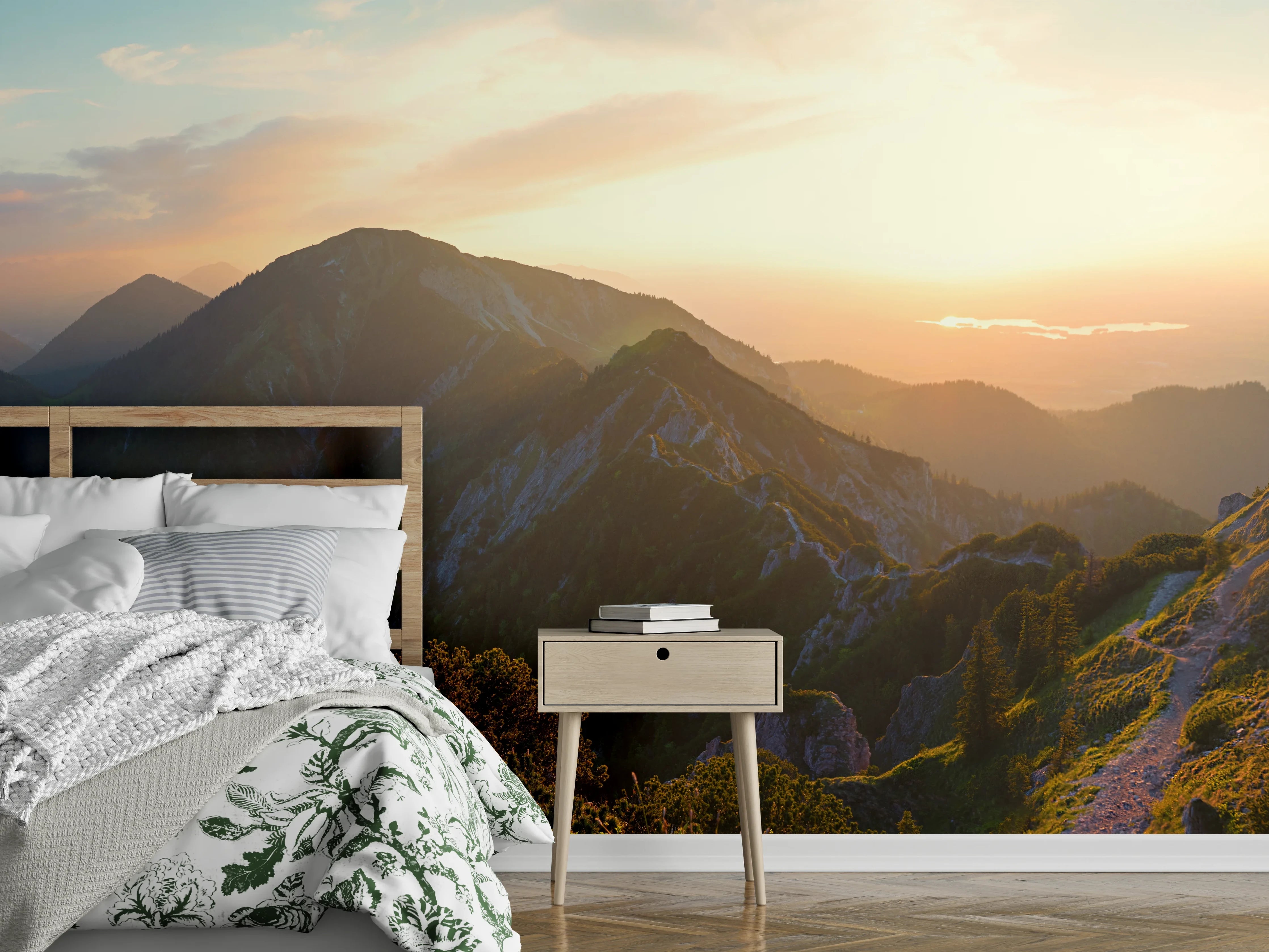 Wandverkleidung Schlafzimmer - Panorama Sonnenuntergang Berglandschaft Fototapete