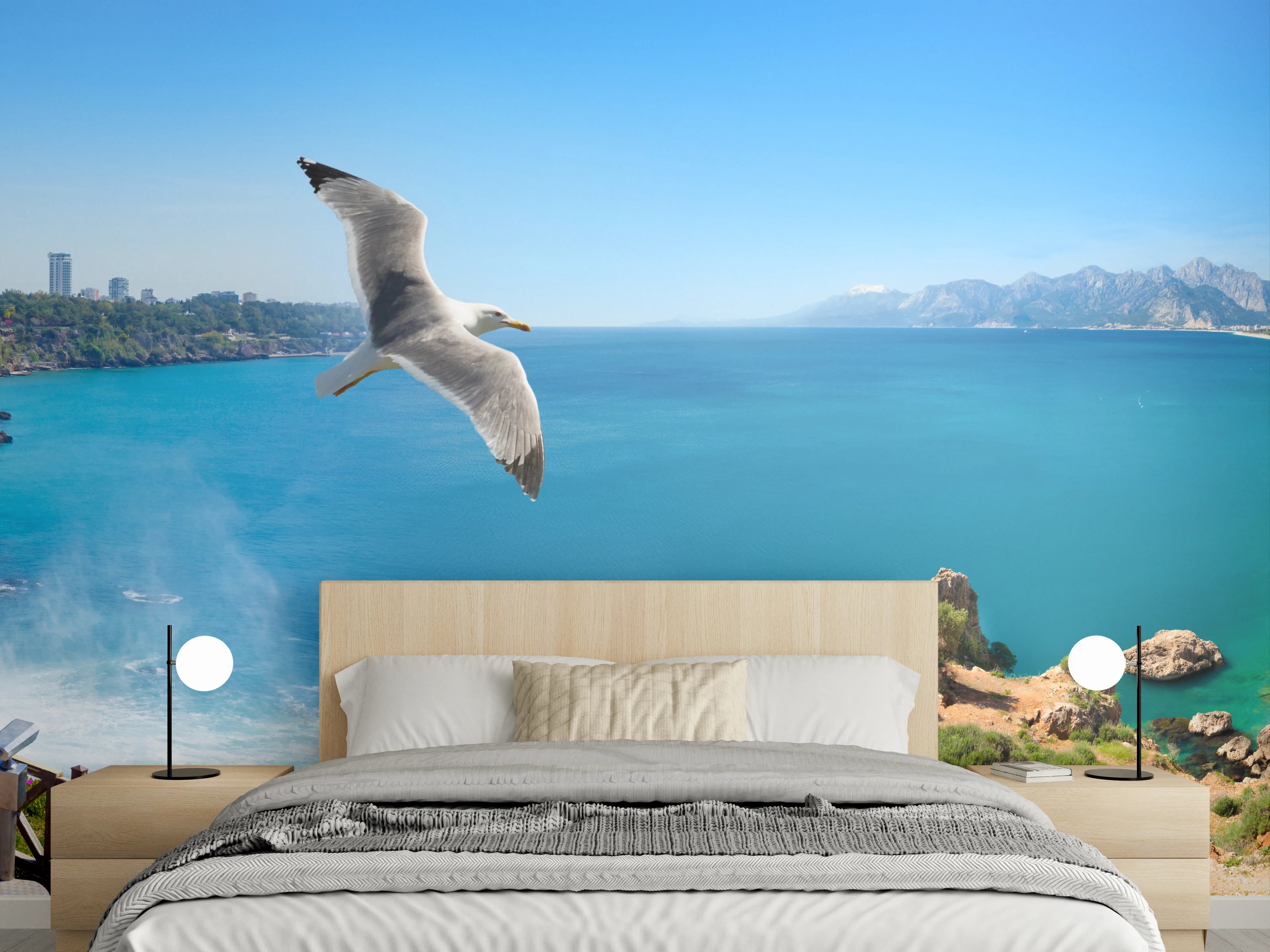 Wandverkleidung Schlafzimmer - Panorama-Strandblick mit Wasserfall und Möwe