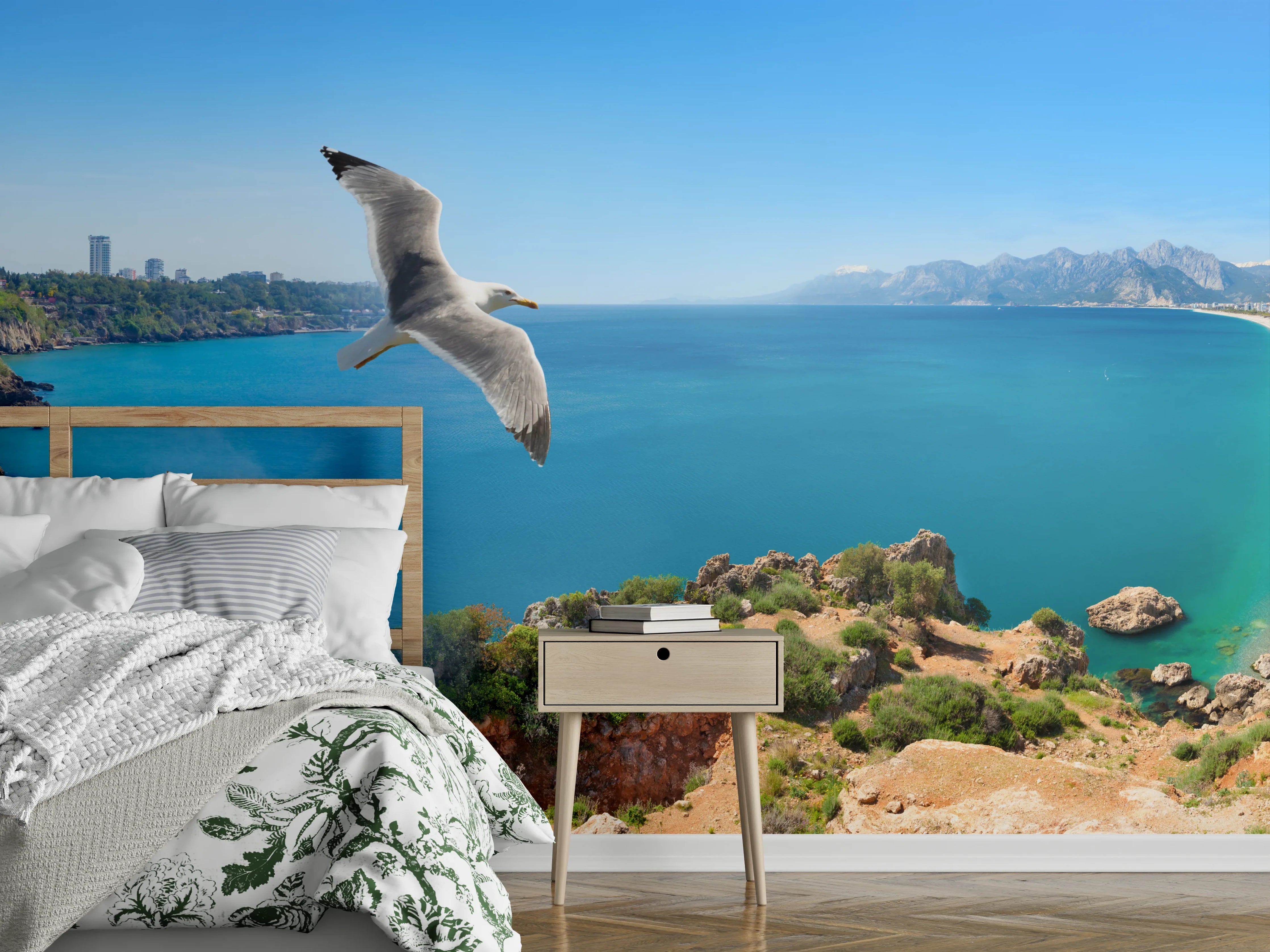 Wandverkleidung Schlafzimmer - Panorama-Strandblick mit Wasserfall und Möwe