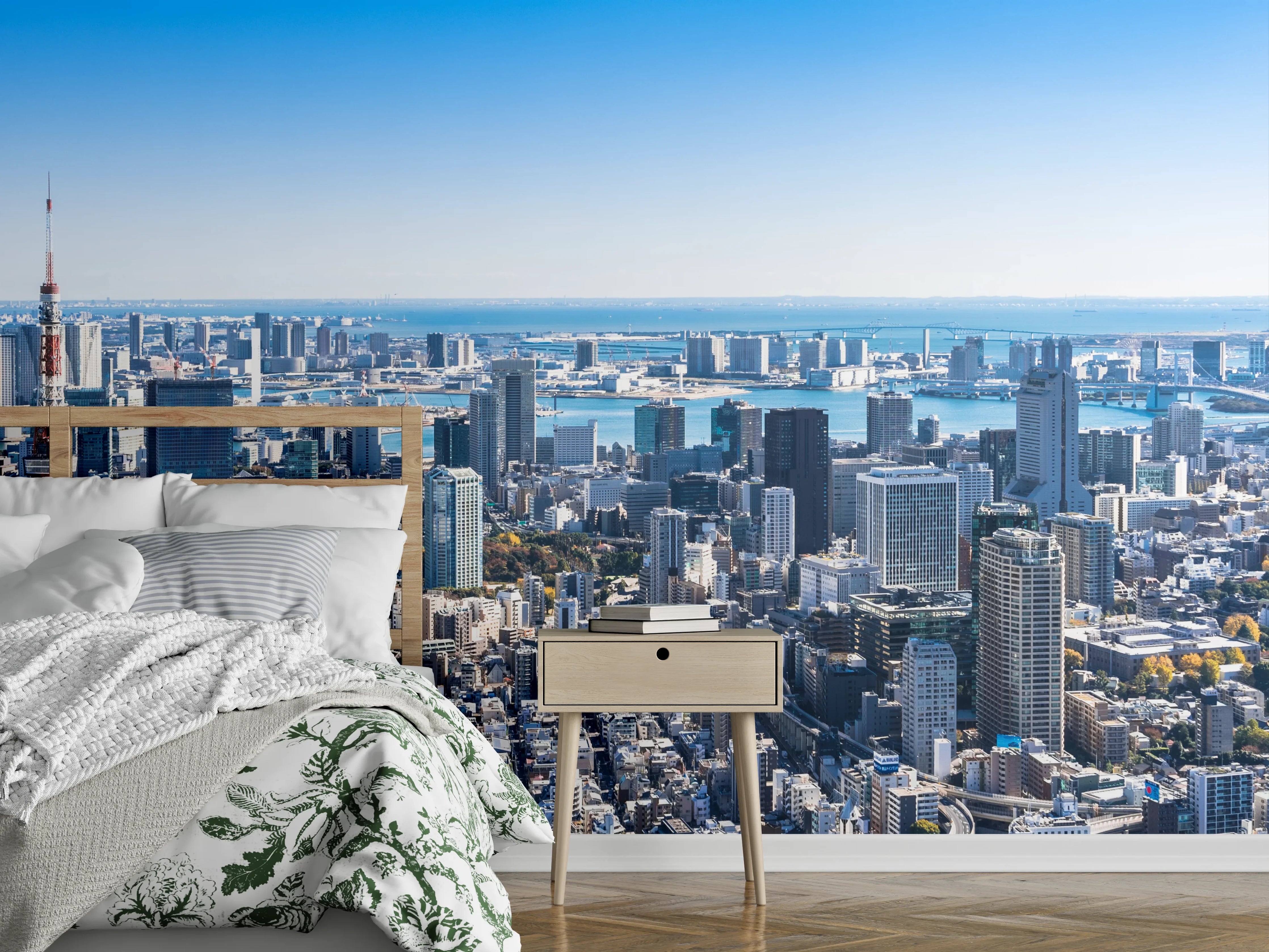 Wandverkleidung Schlafzimmer - Panorama Tokio Skyline modern und klar