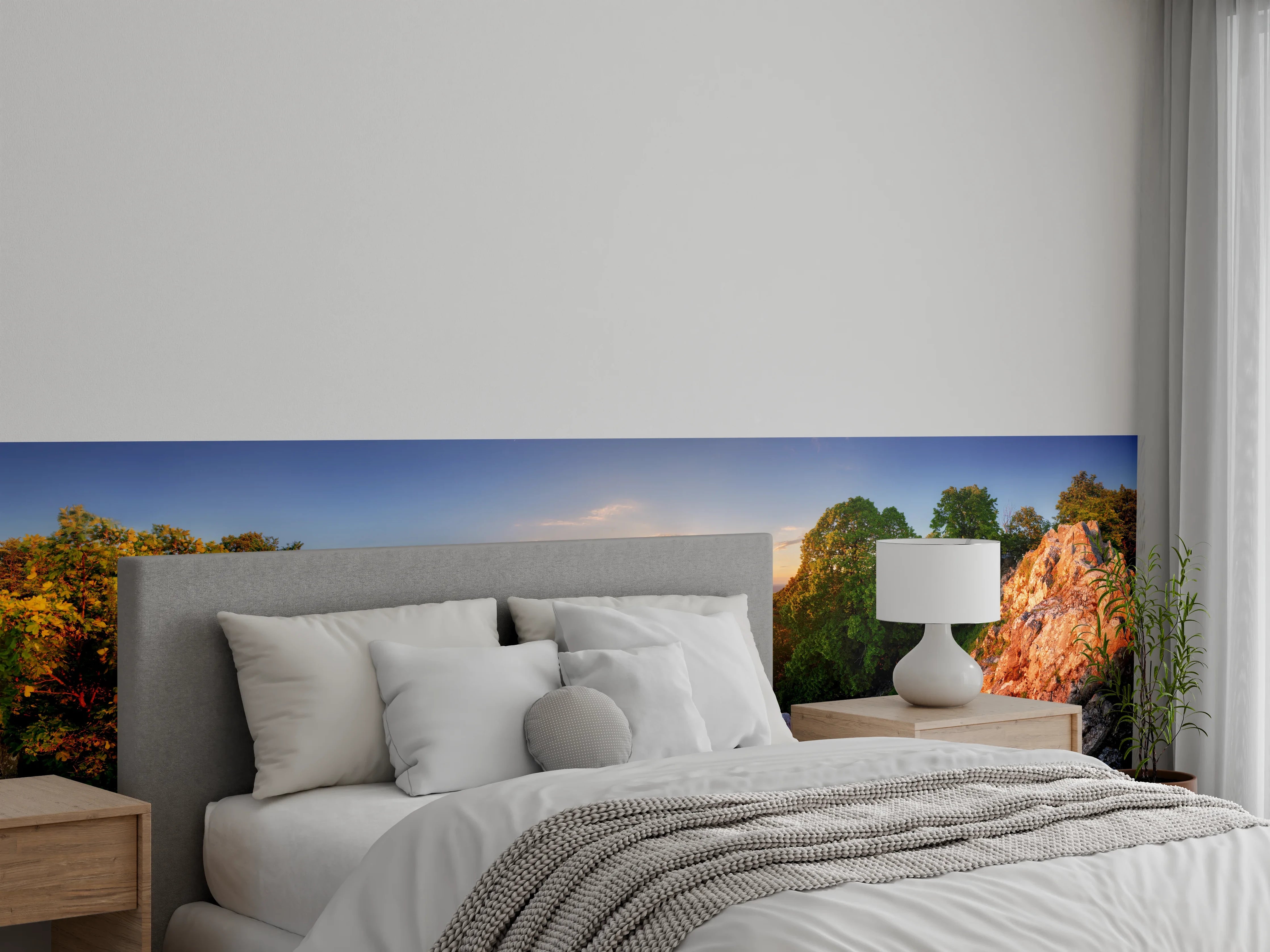Wandverkleidung Schlafzimmer - Panorama-Waldlandschaft im Sonnenuntergang