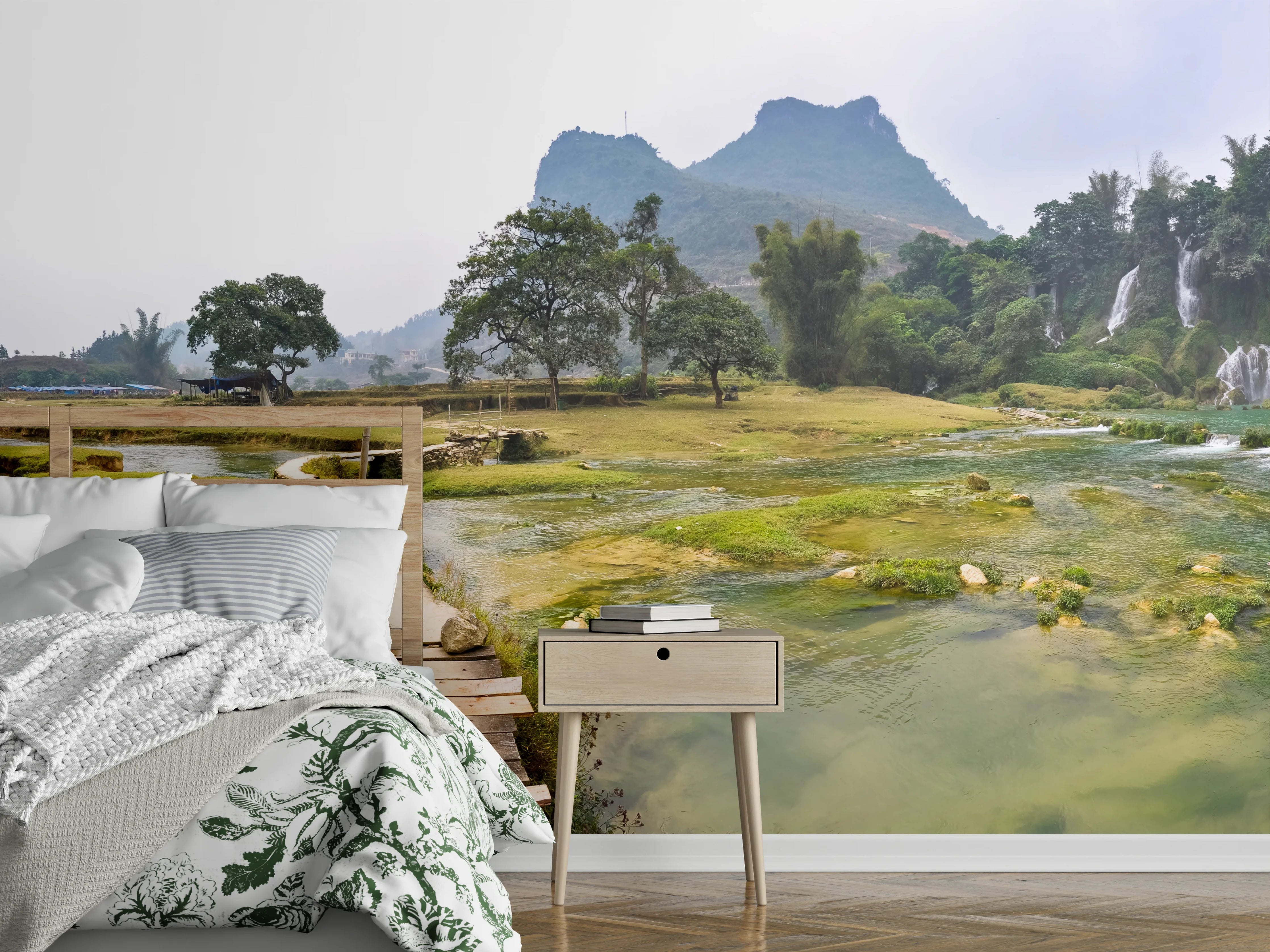 Wandverkleidung Schlafzimmer - Panorama Wasserfall Landschaft Natur