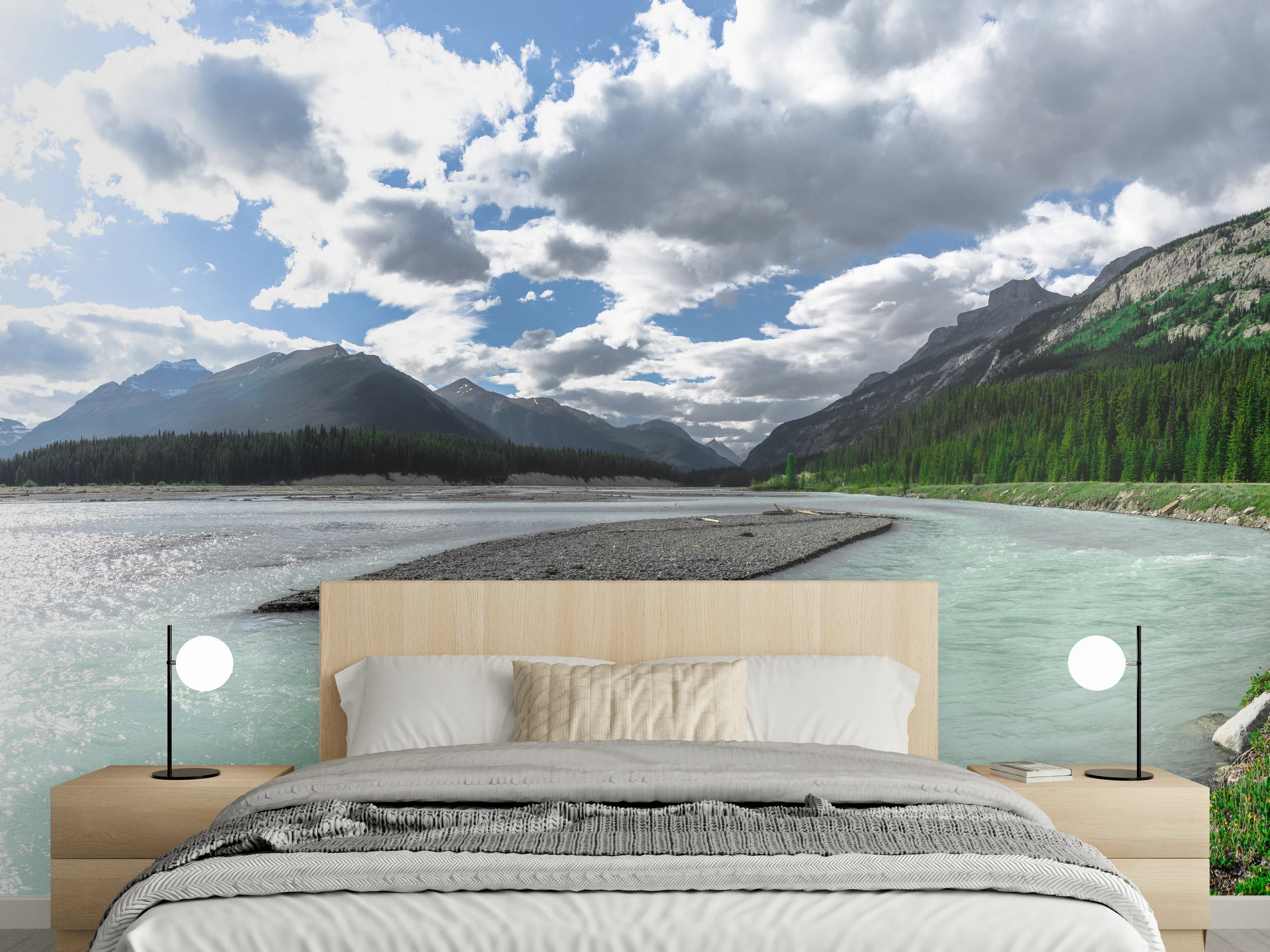 Wandverkleidung Schlafzimmer - Panorama Wildfluss Berge Natur klar