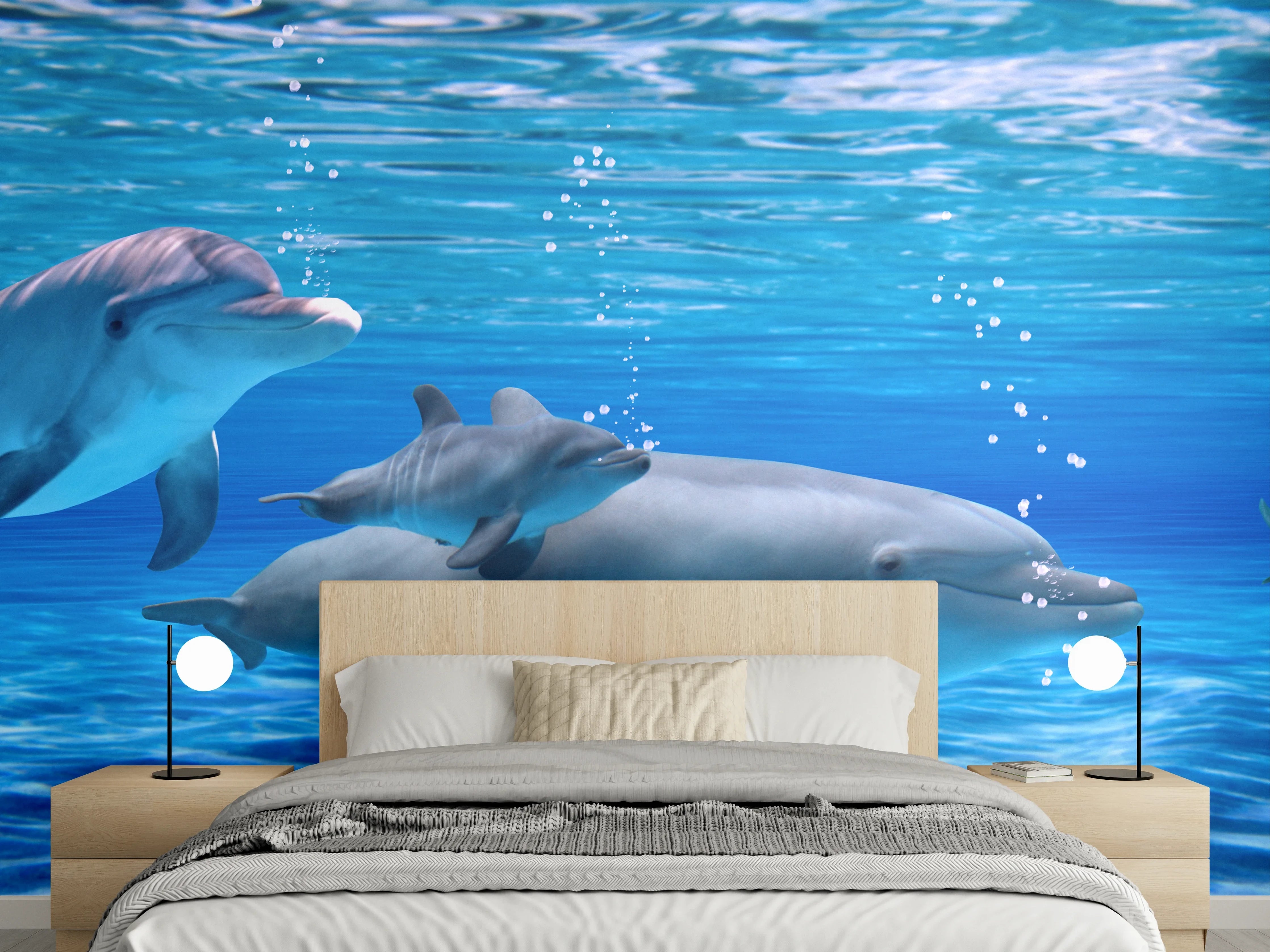 Wandverkleidung Schlafzimmer - Panorama der schwimmenden Delphine