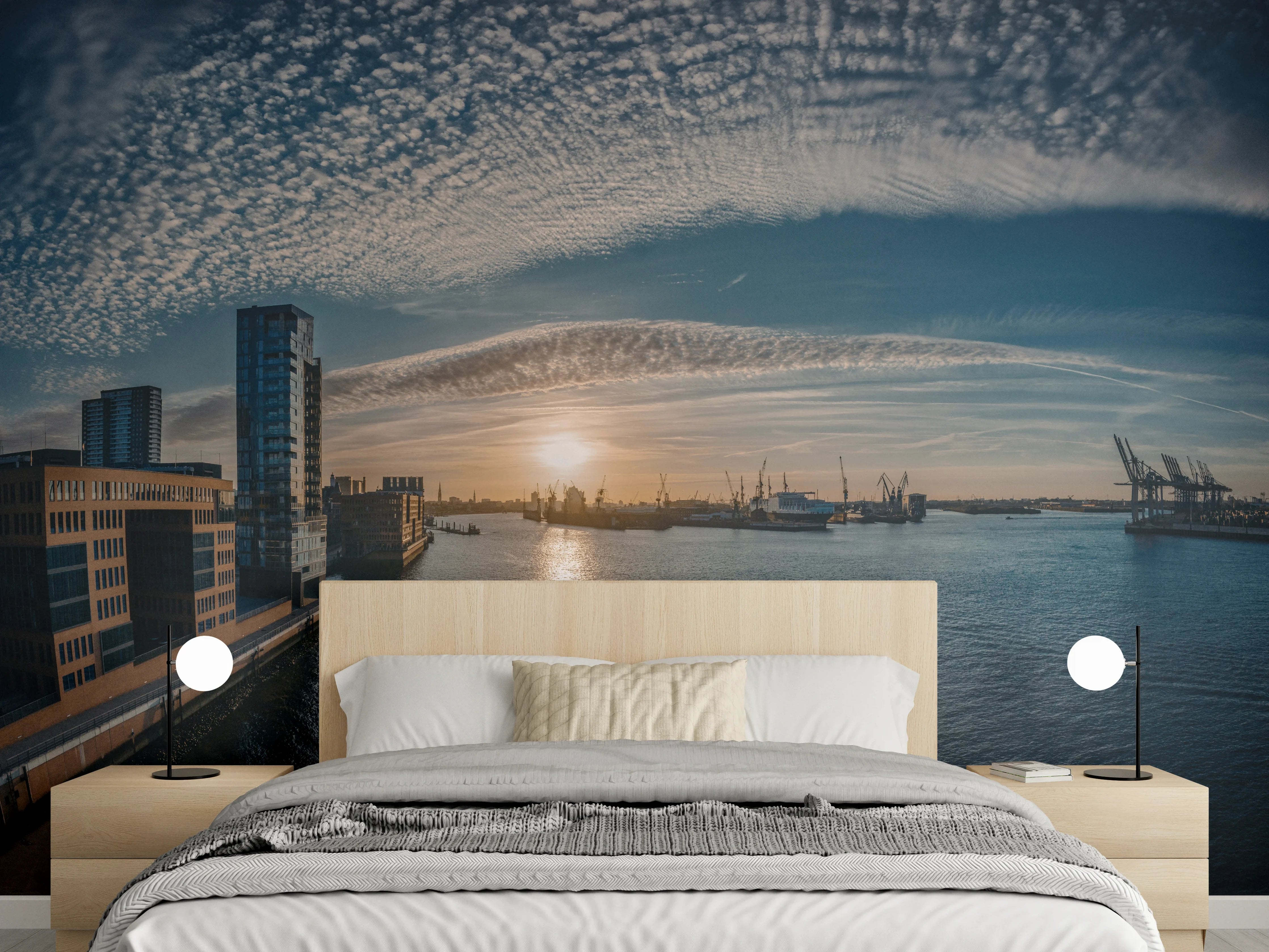 Wandverkleidung Schlafzimmer - Panoramablick Hamburg bei Sonnenuntergang