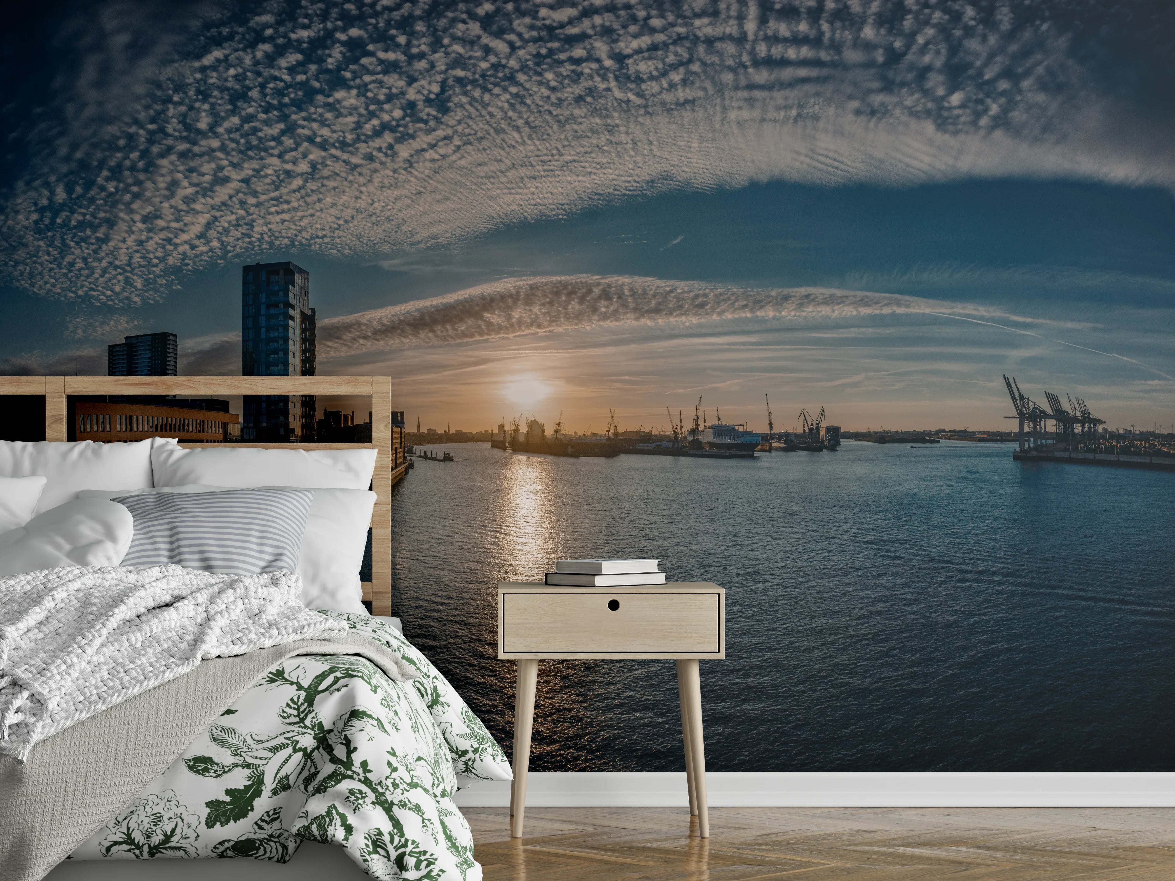 Wandverkleidung Schlafzimmer - Panoramablick Hamburg bei Sonnenuntergang