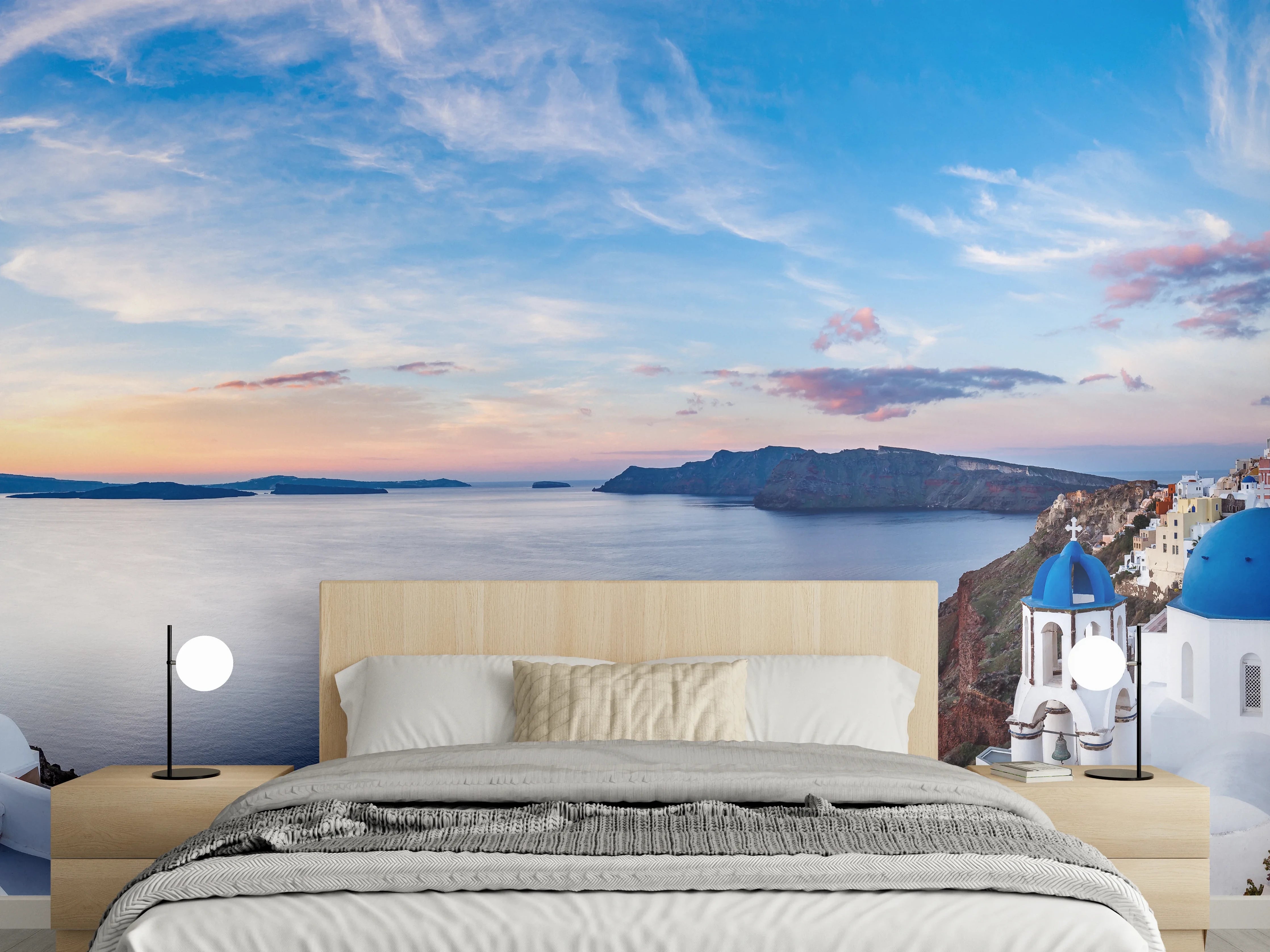 Wandverkleidung Schlafzimmer - Panoramablick der Insel Santorin - Griechenland