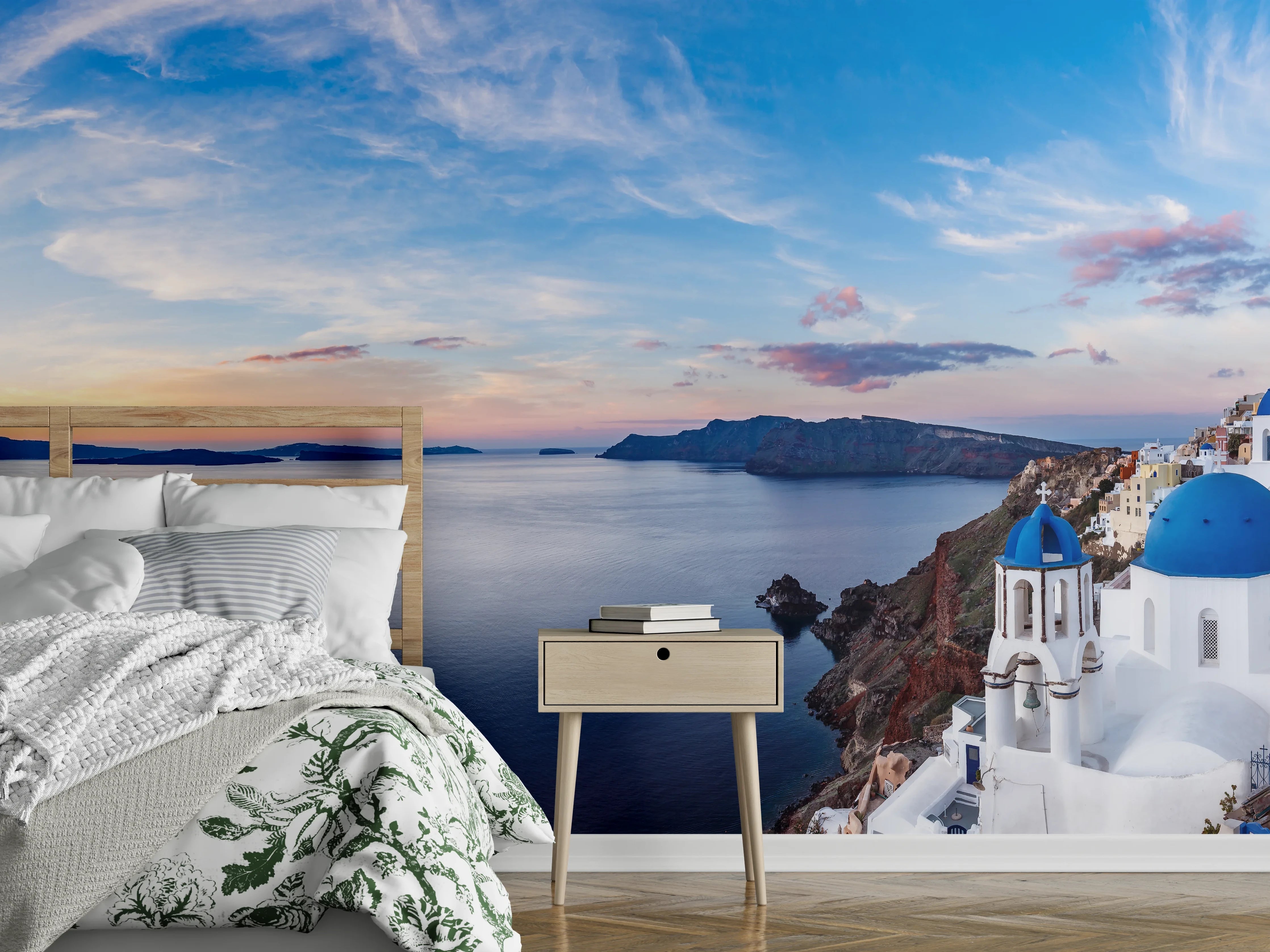 Wandverkleidung Schlafzimmer - Panoramablick der Insel Santorin - Griechenland