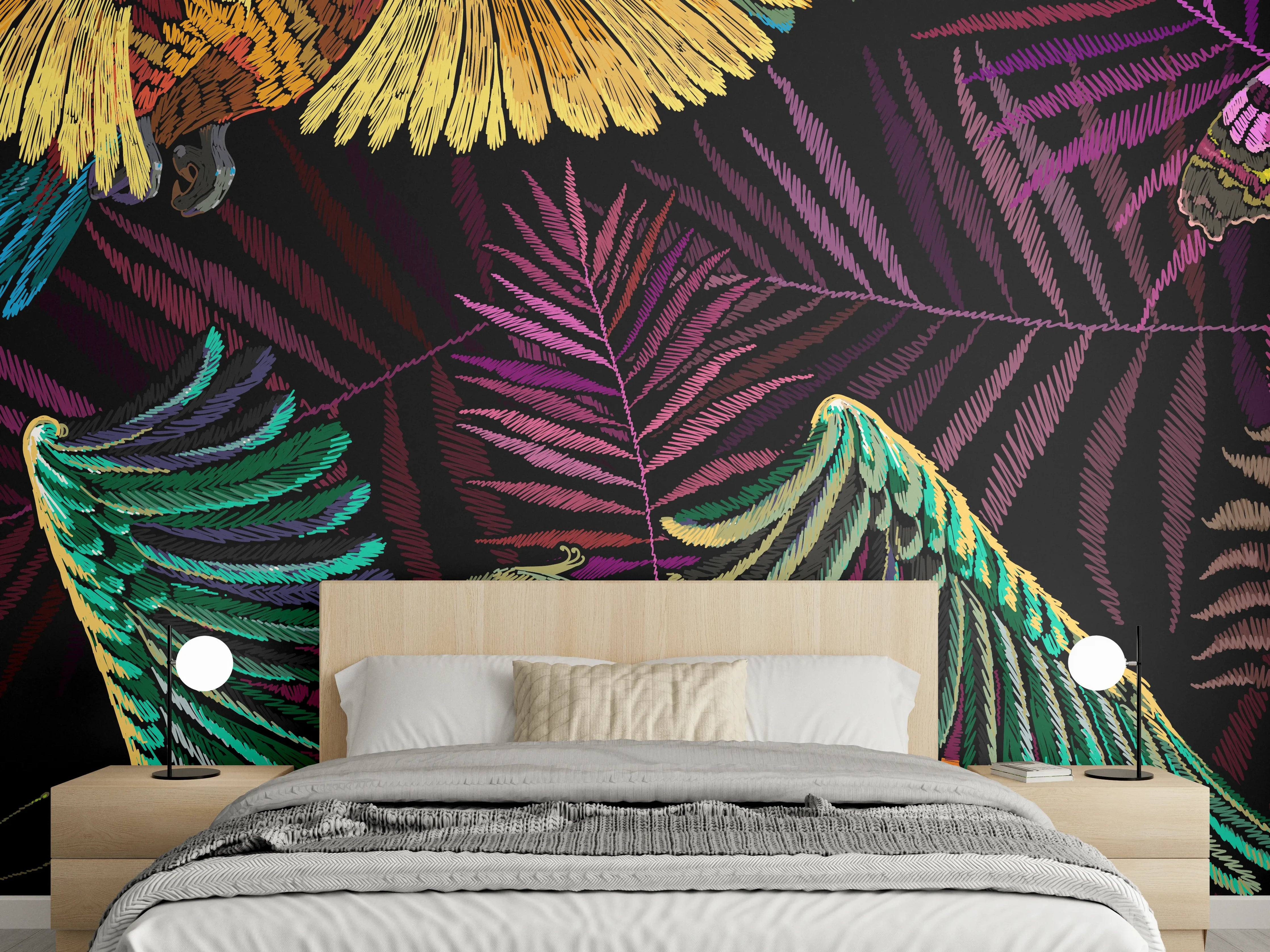 Wandverkleidung Schlafzimmer - Papagaien - Stickmuster