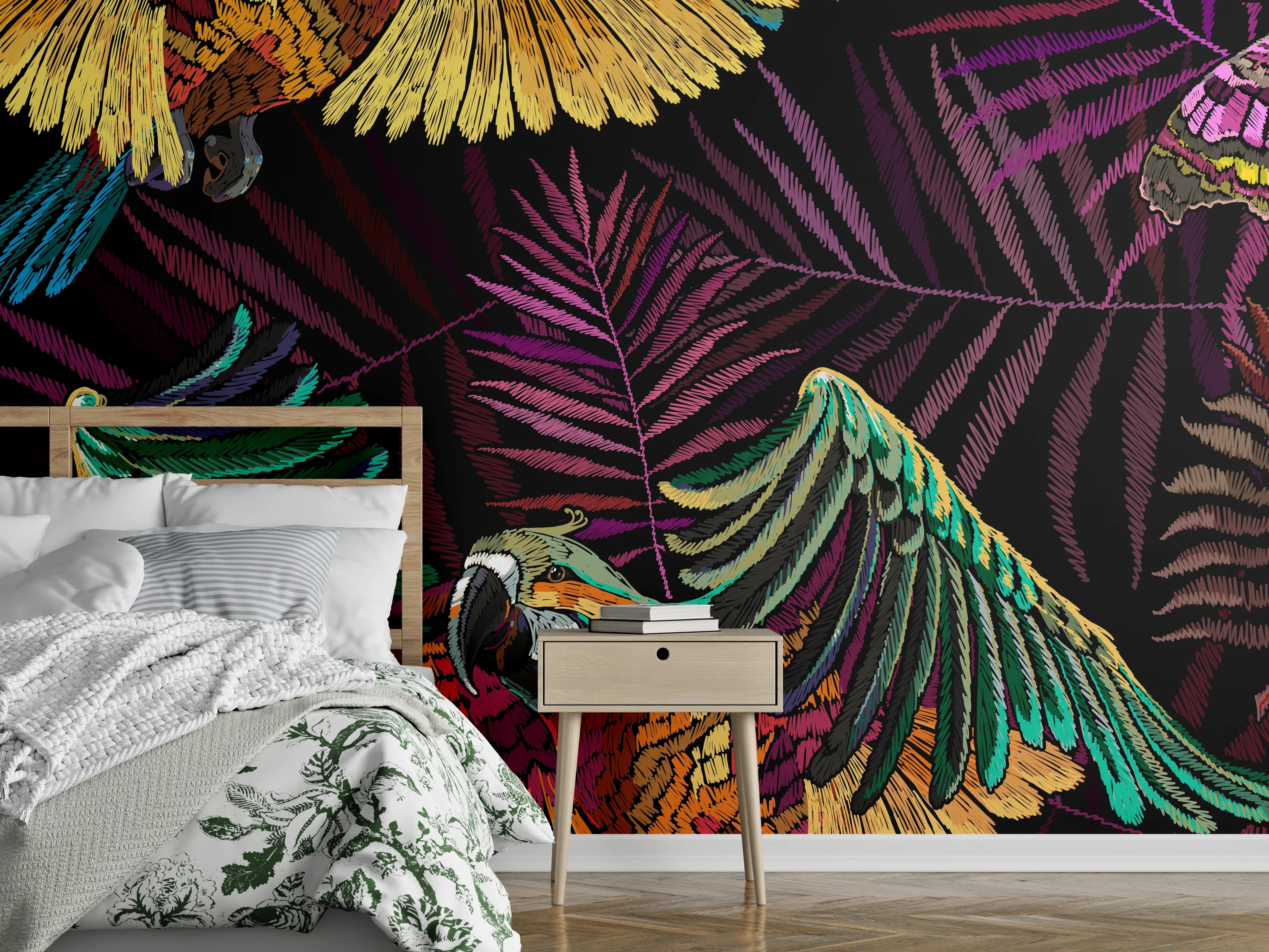 Wandverkleidung Schlafzimmer - Papagaien - Stickmuster