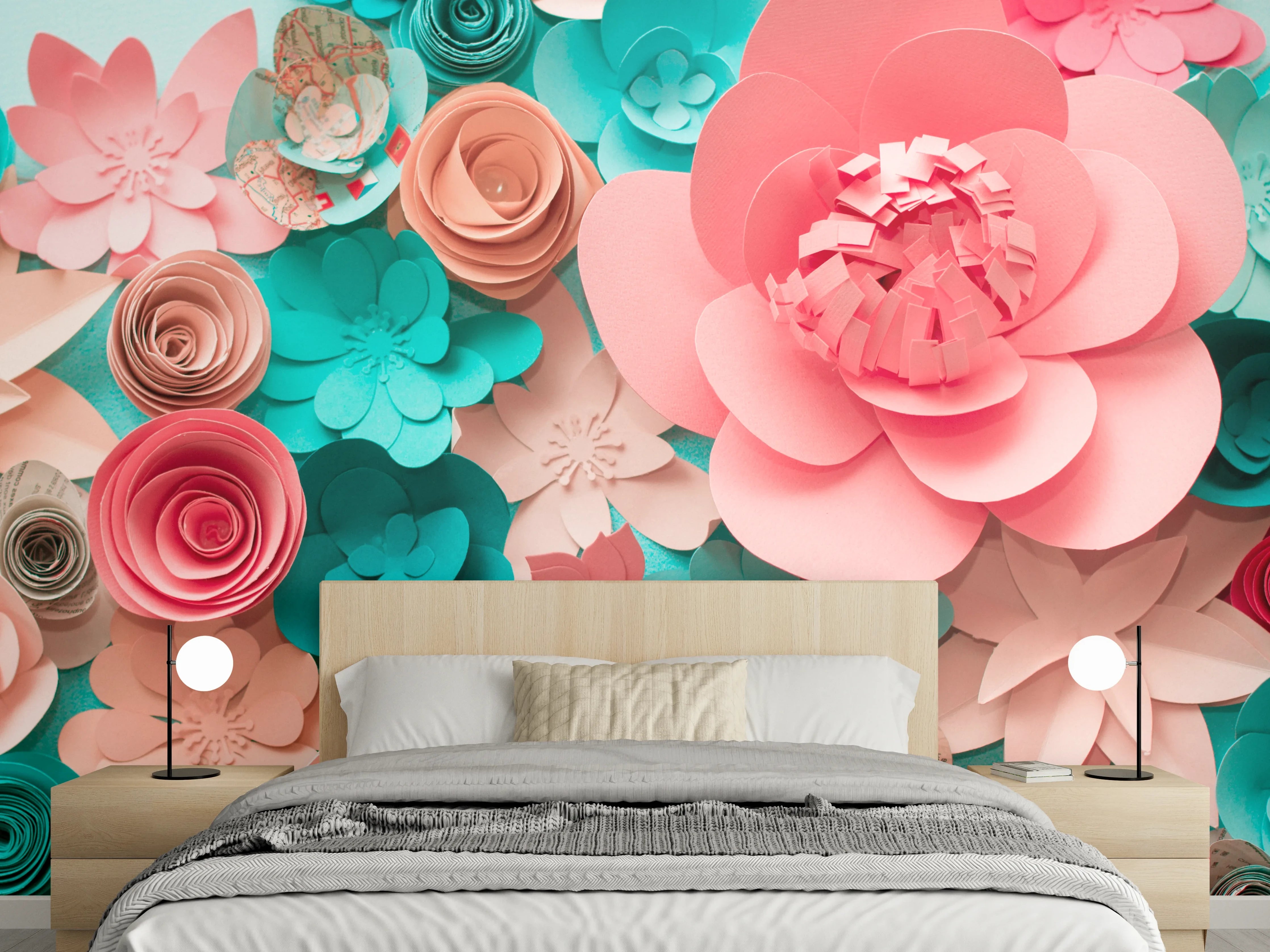Wandverkleidung Schlafzimmer - Papierblumen Collage Wanddeko