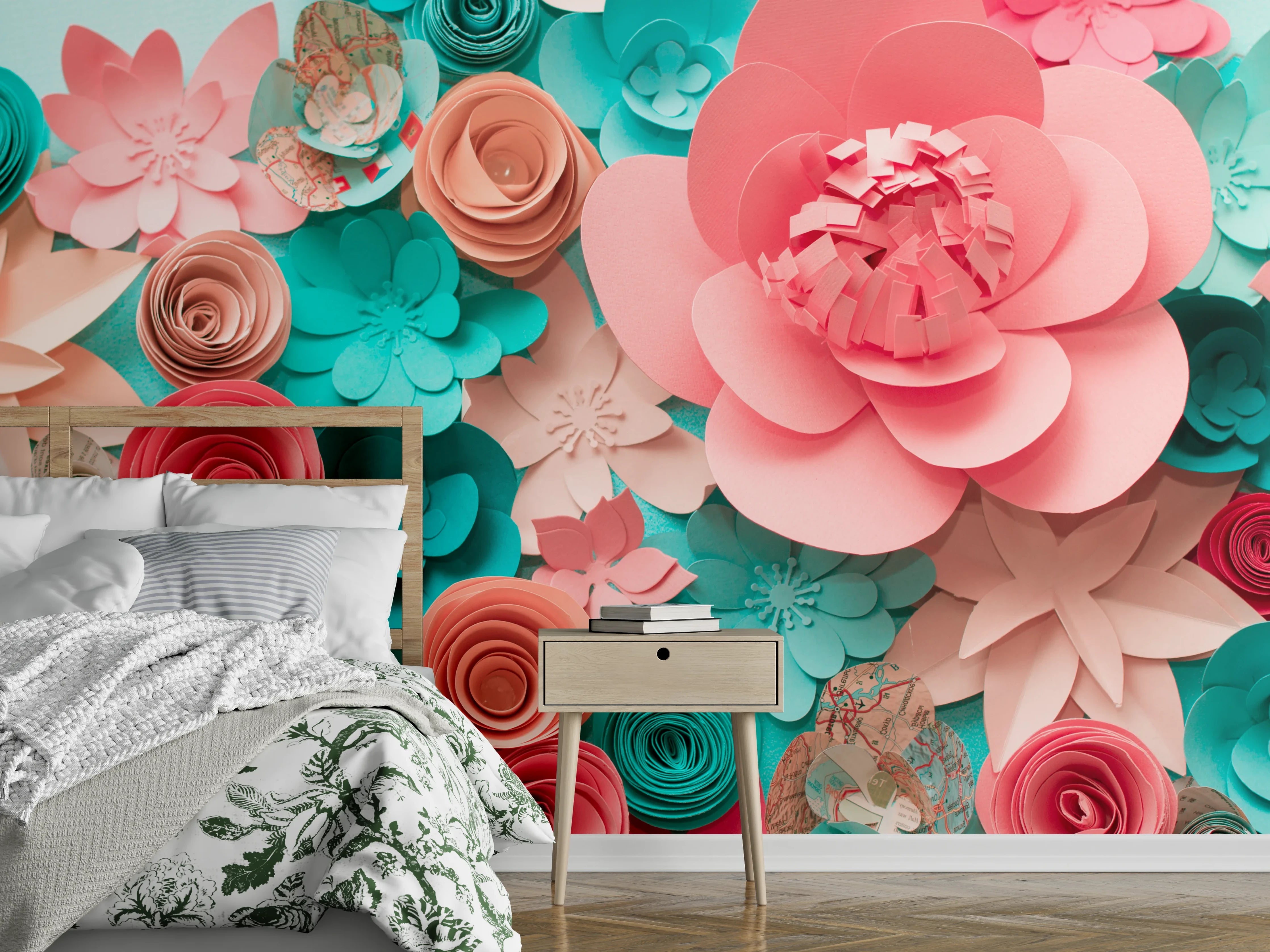 Wandverkleidung Schlafzimmer - Papierblumen Collage Wanddeko