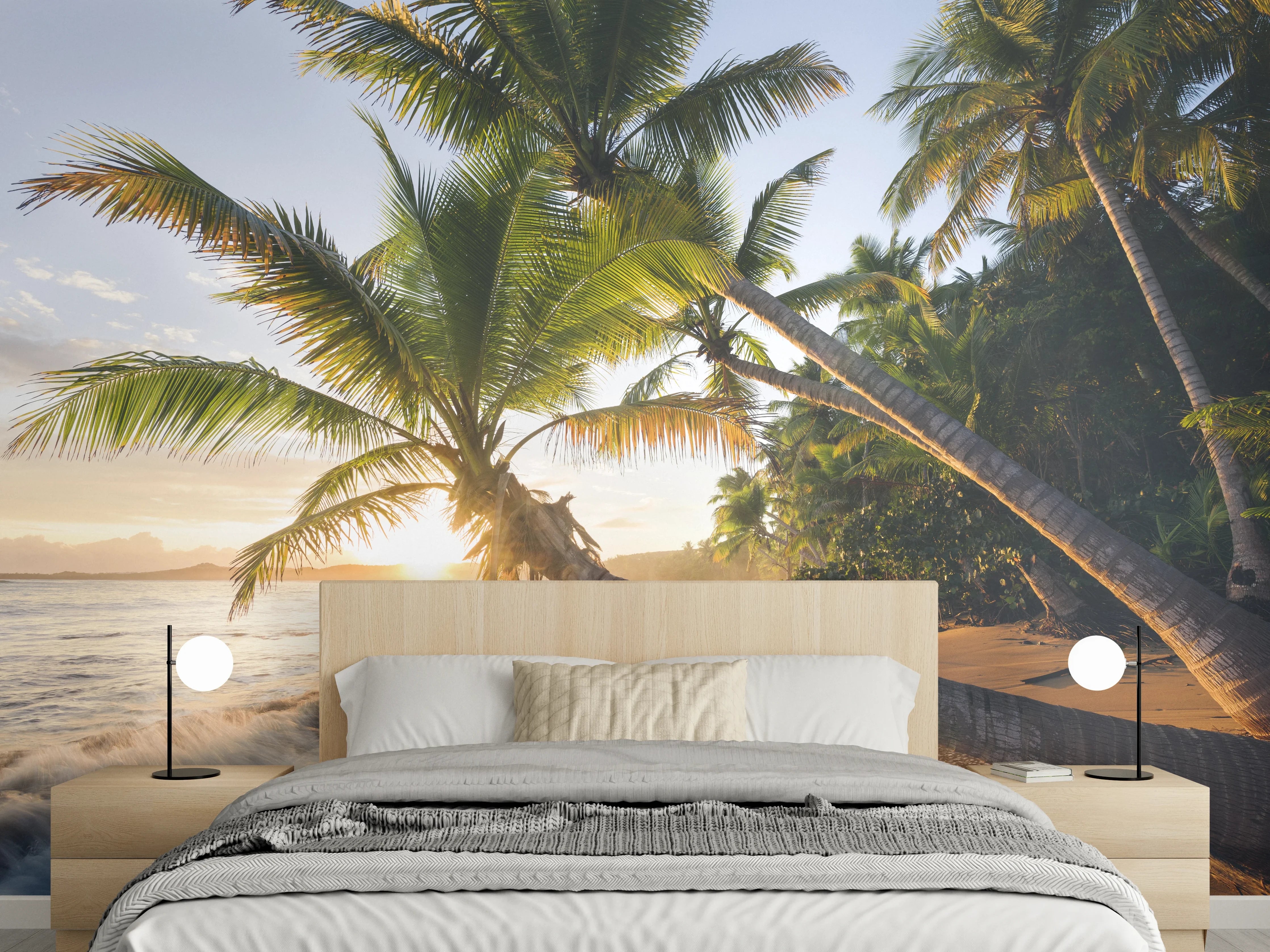 Wandverkleidung Schlafzimmer - Paradiesischer Palmenstrand Sonnenaufgang