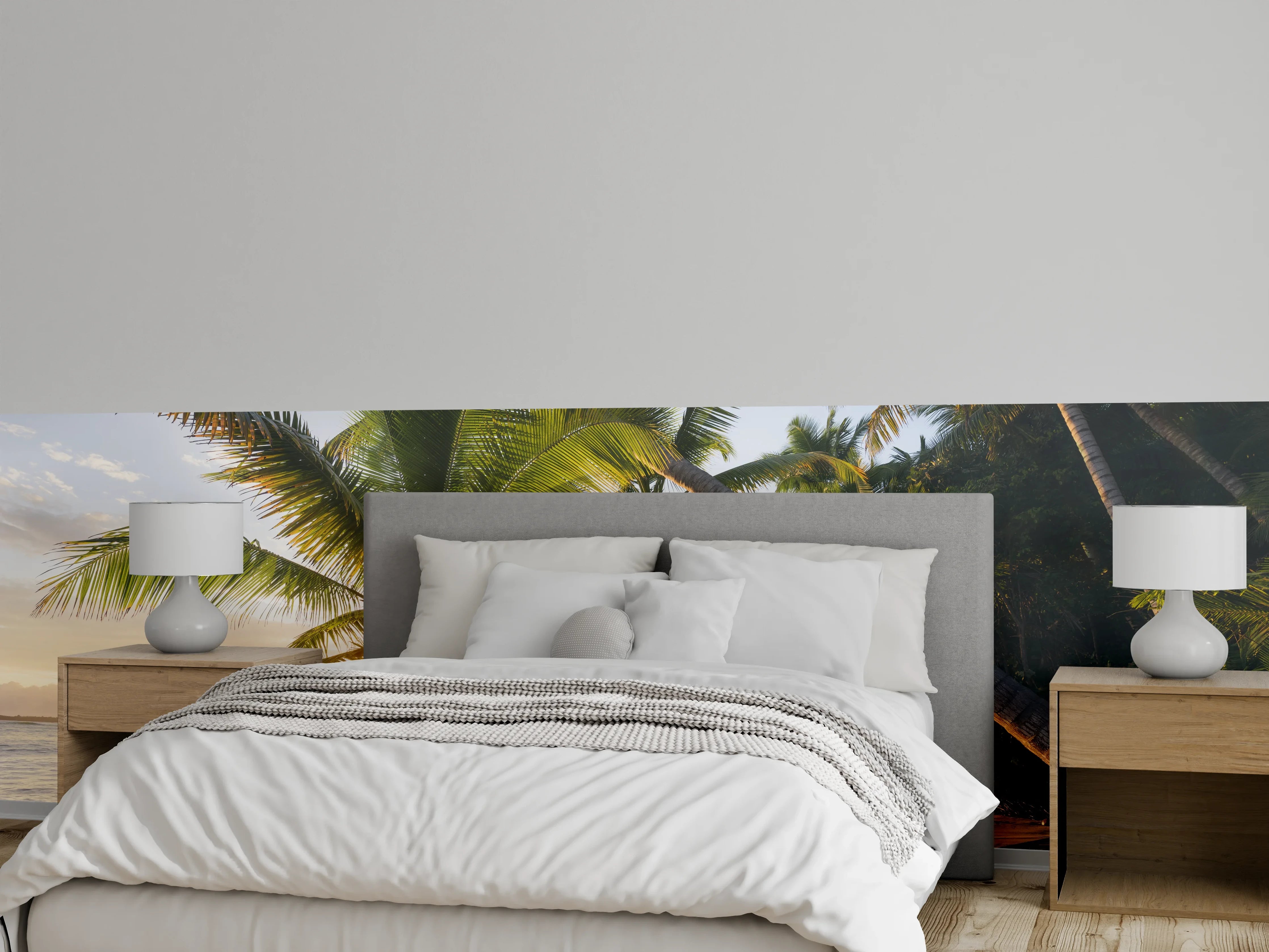Wandverkleidung Schlafzimmer - Paradiesischer Palmenstrand Sonnenaufgang