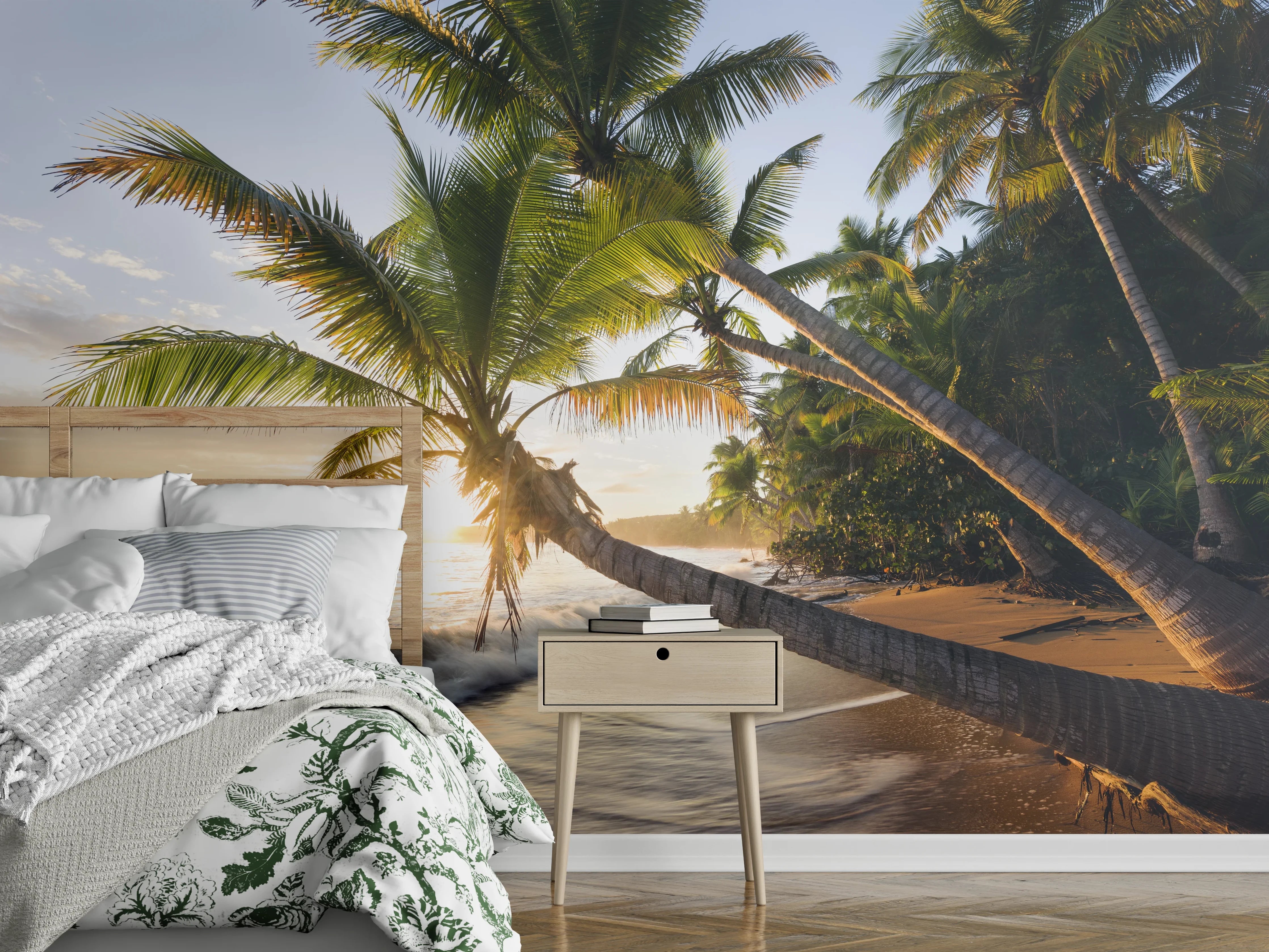 Wandverkleidung Schlafzimmer - Paradiesischer Palmenstrand Sonnenaufgang