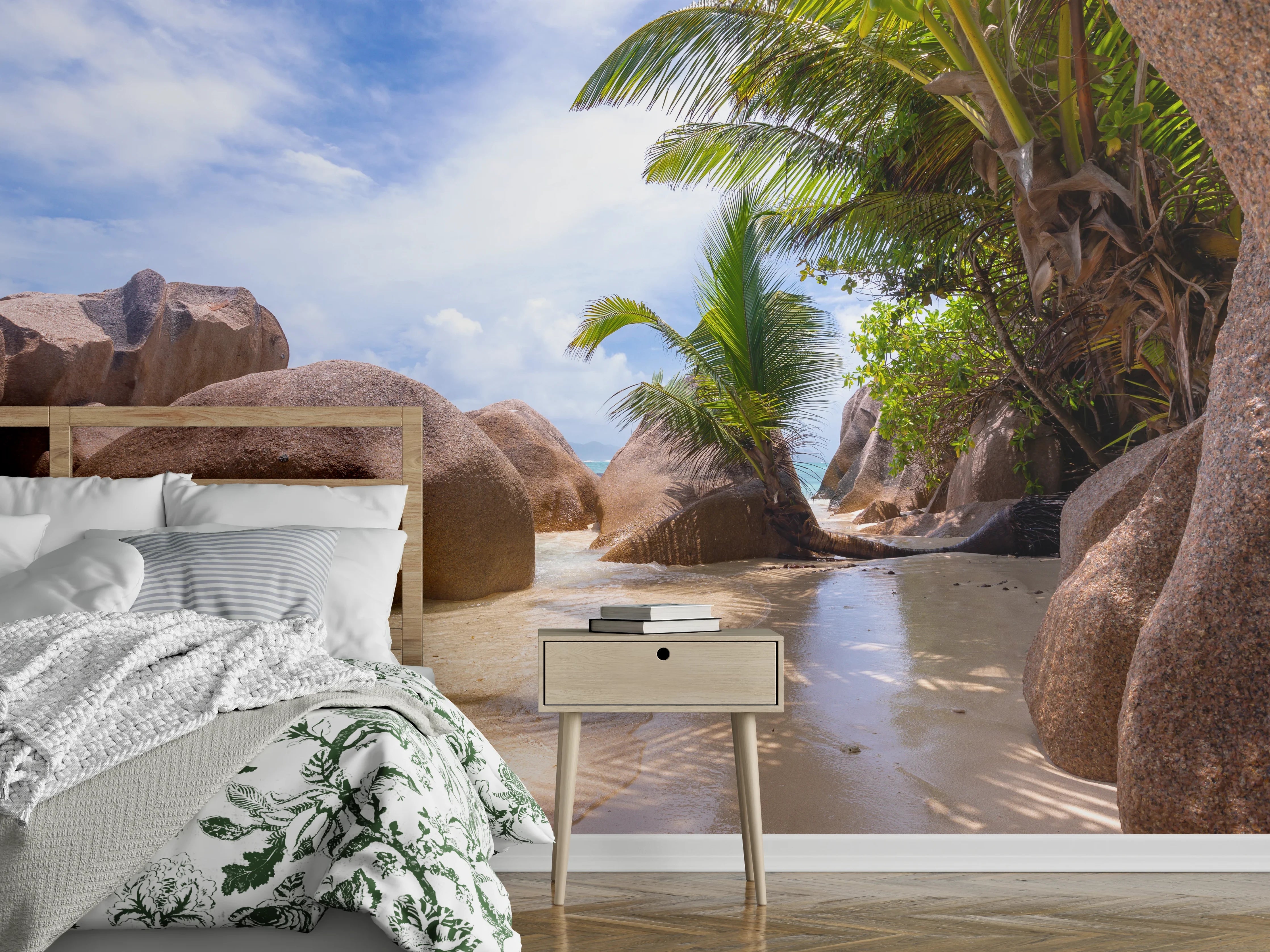 Wandverkleidung Schlafzimmer - Paradiesischer Palmenstrand mit Granitfelsen