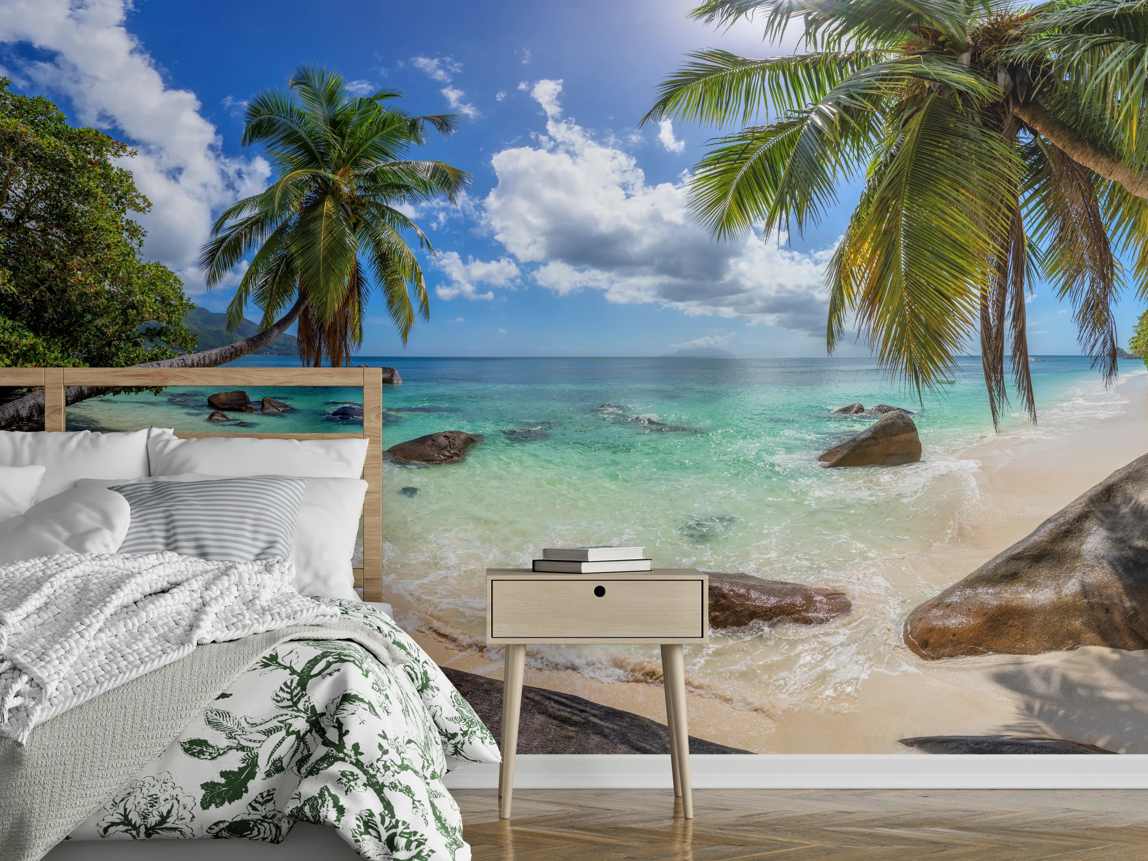 Wandverkleidung Schlafzimmer - Paradiesischer Palmenstrand mit türkisblauem Meer