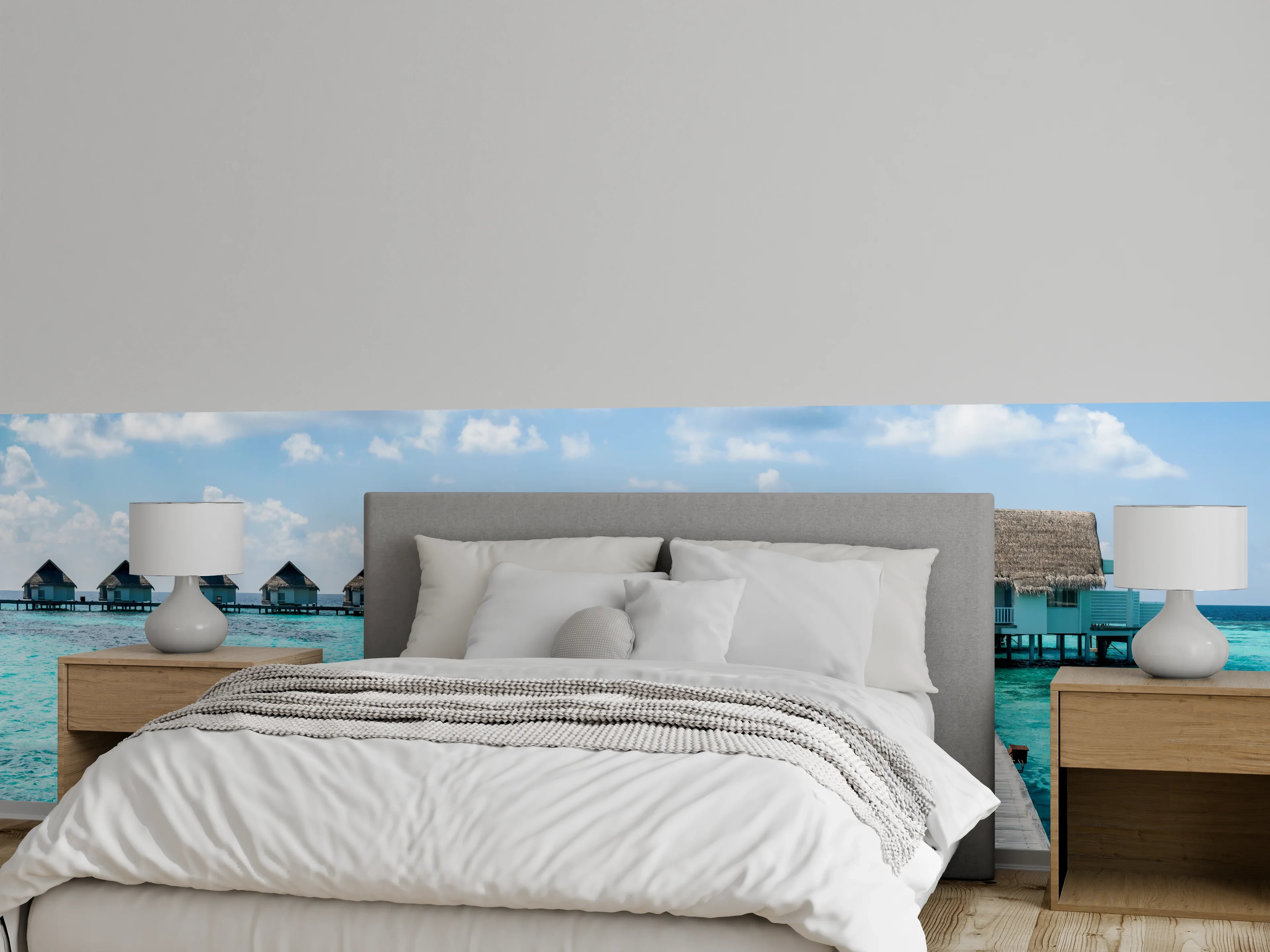 Wandverkleidung Schlafzimmer - Paradiesischer Steg über türkisblaues Wasser