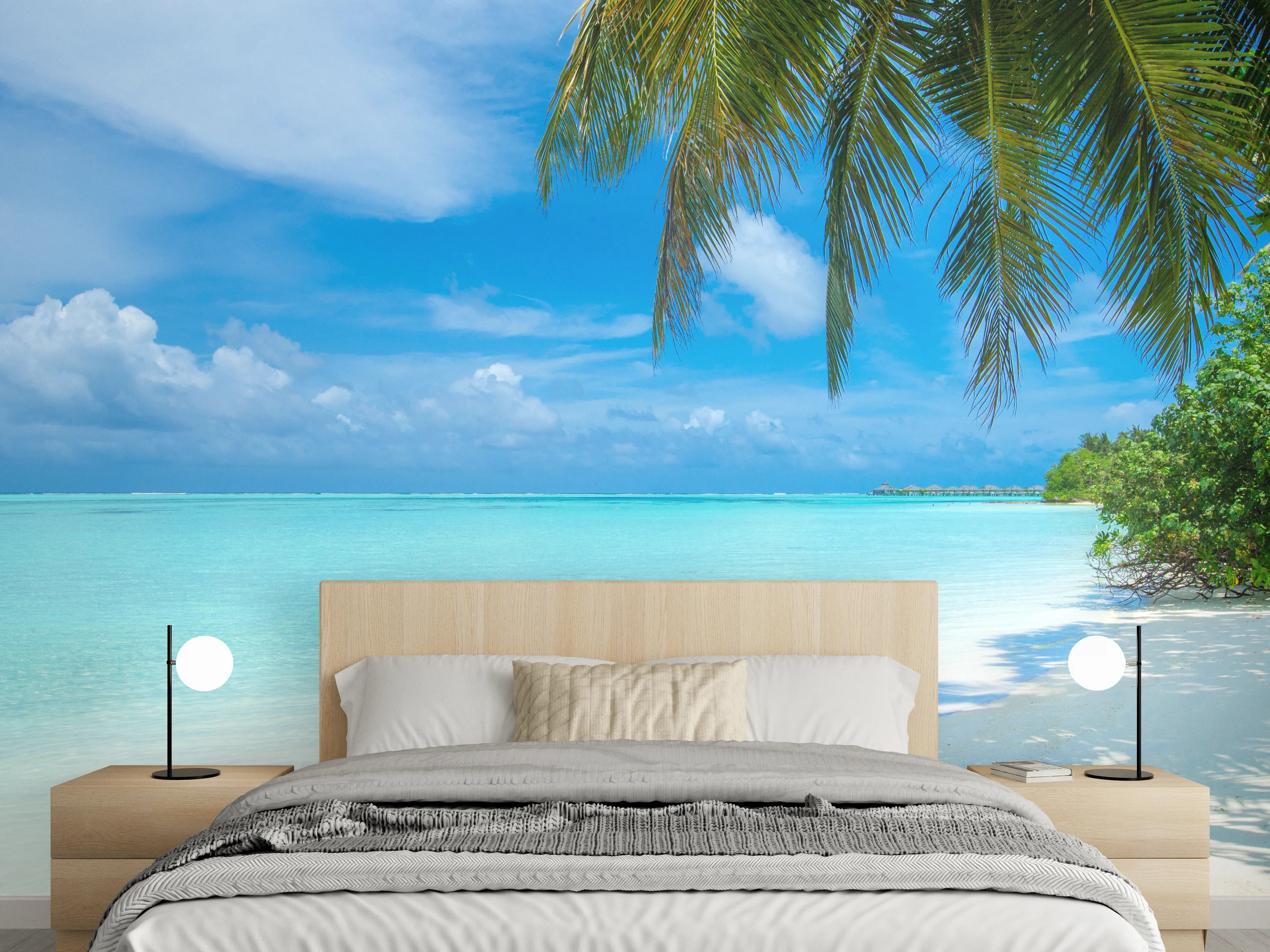 Wandverkleidung Schlafzimmer - Paradiesisches Insel-Strandmotiv türkisblau