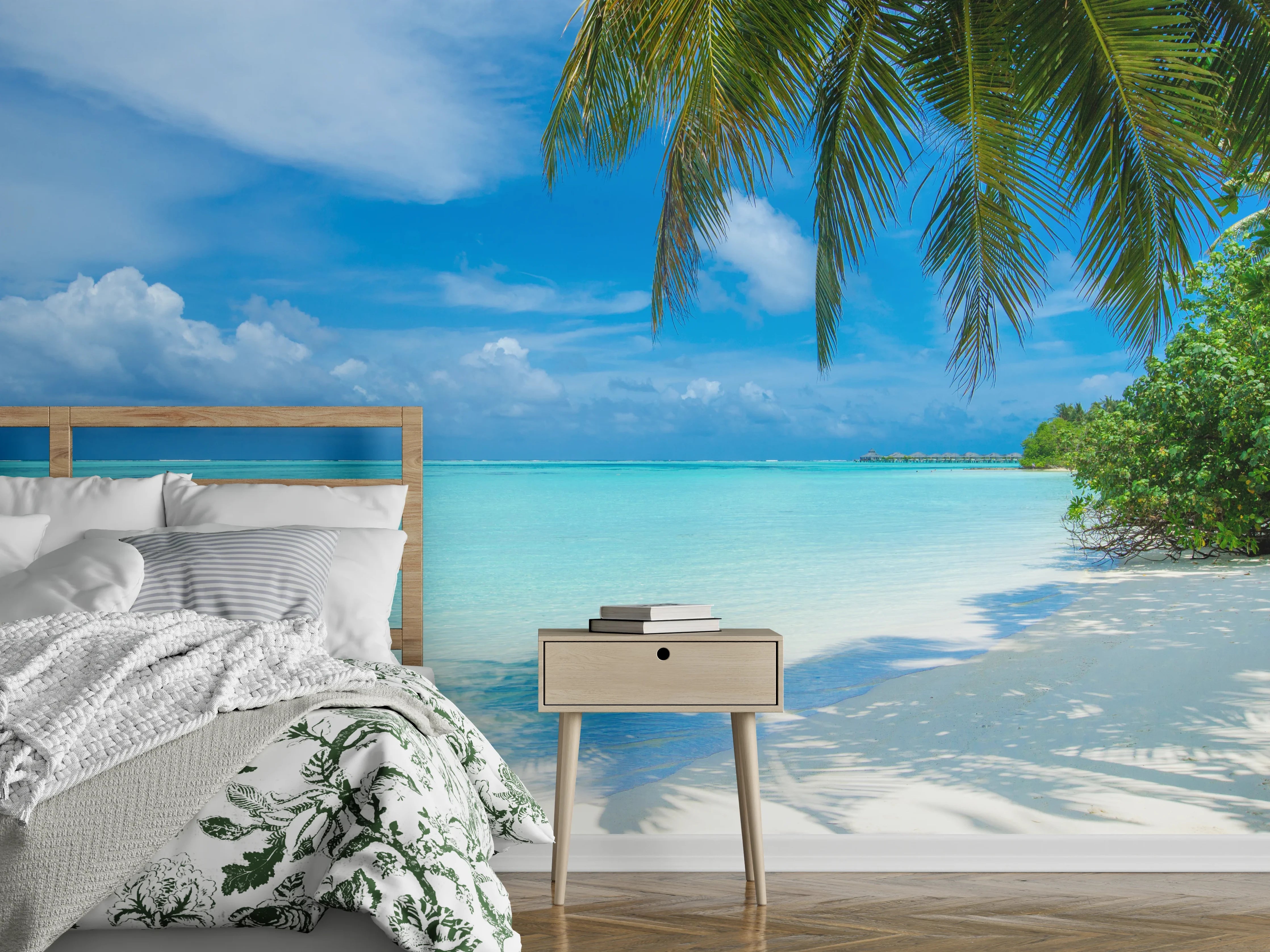 Wandverkleidung Schlafzimmer - Paradiesisches Insel-Strandmotiv türkisblau