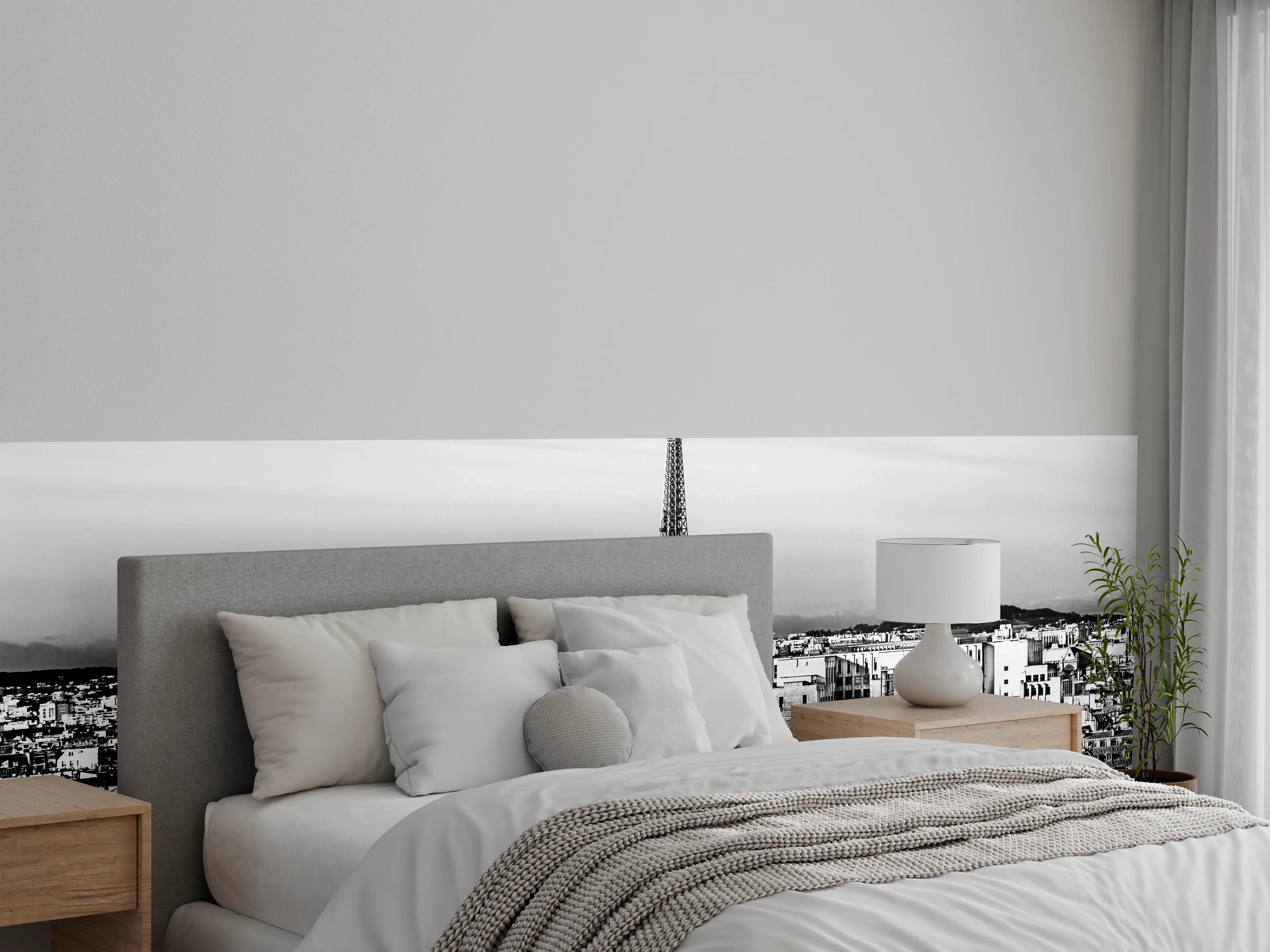 Wandverkleidung Schlafzimmer - Paris Skyline: Eiffelturm Schwarz-Weiß