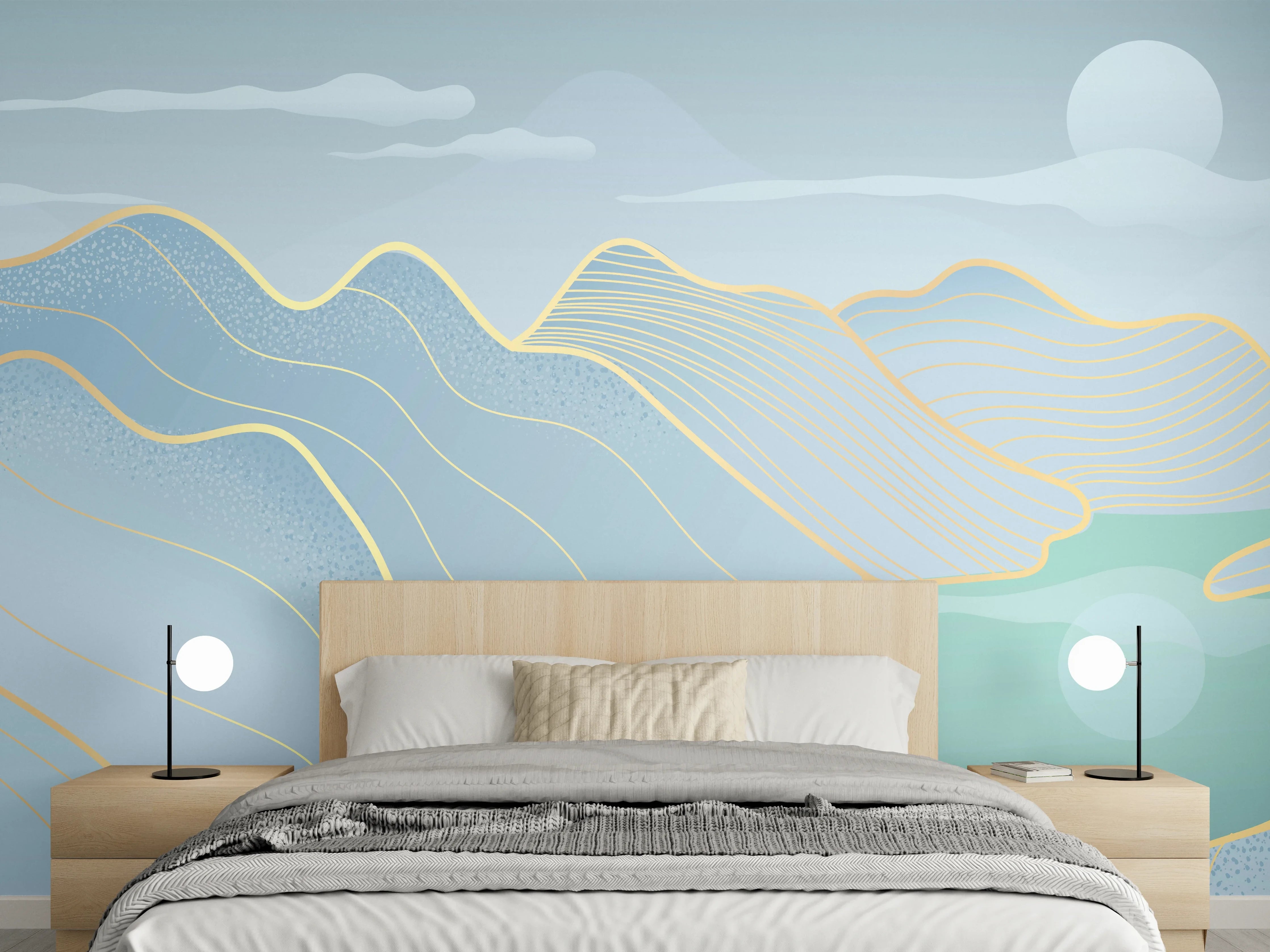 Wandverkleidung Schlafzimmer - Pastell Berge und See Panorama