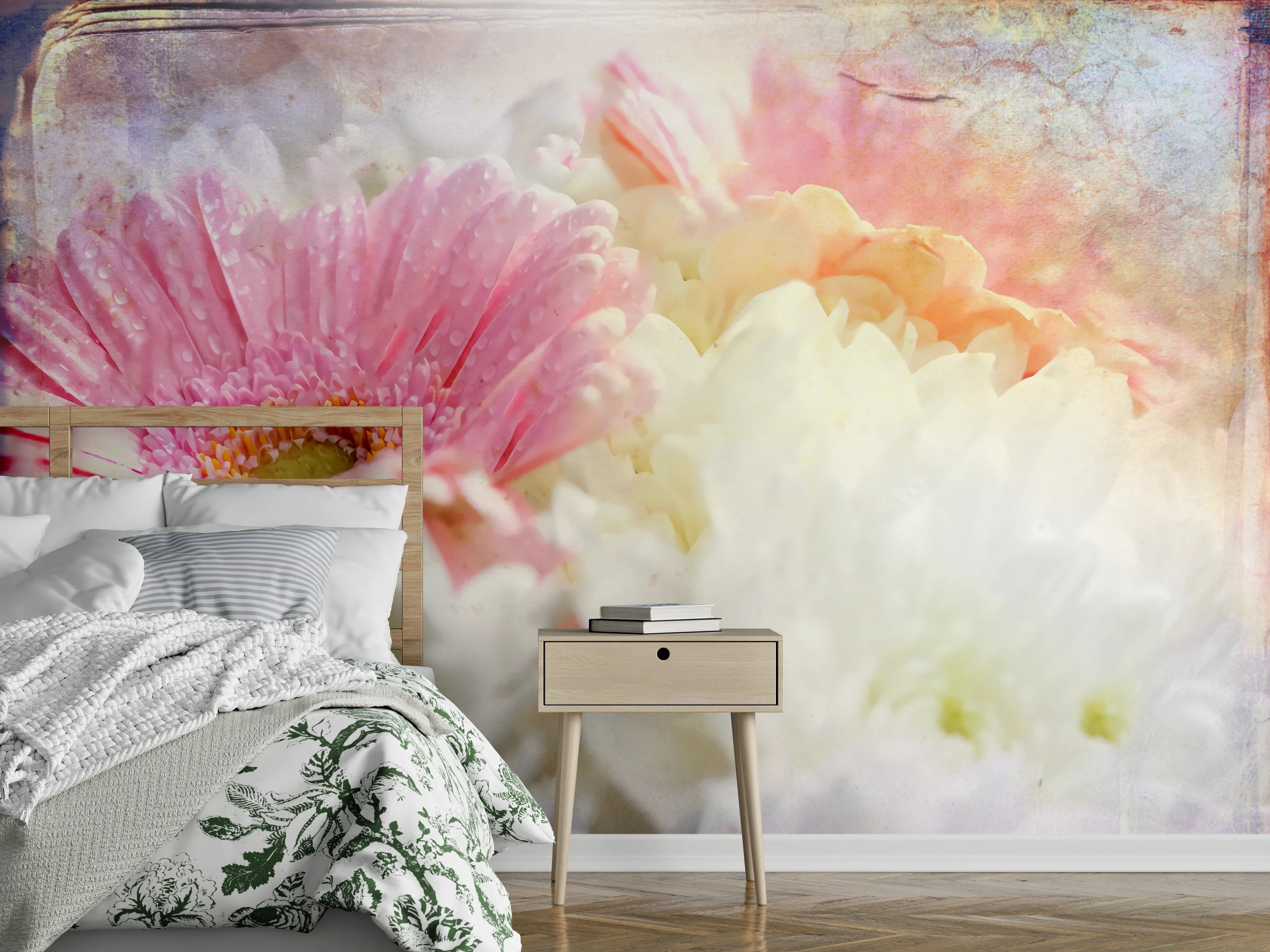 Wandverkleidung Schlafzimmer - Pastell Blumen Vintage Stil