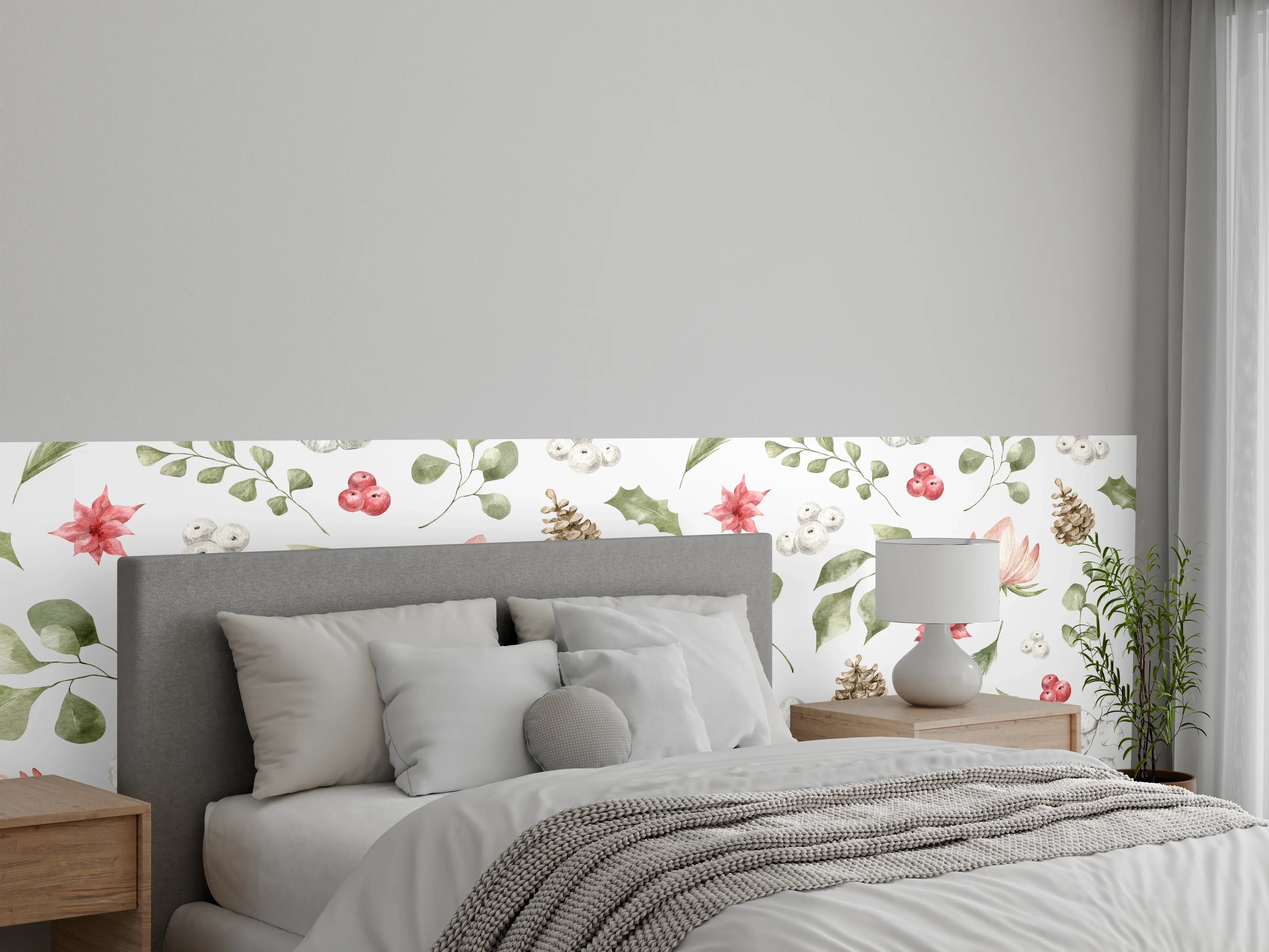 Wandverkleidung Schlafzimmer - Pastell Blumenmuster Weiß-Grün-Rosa