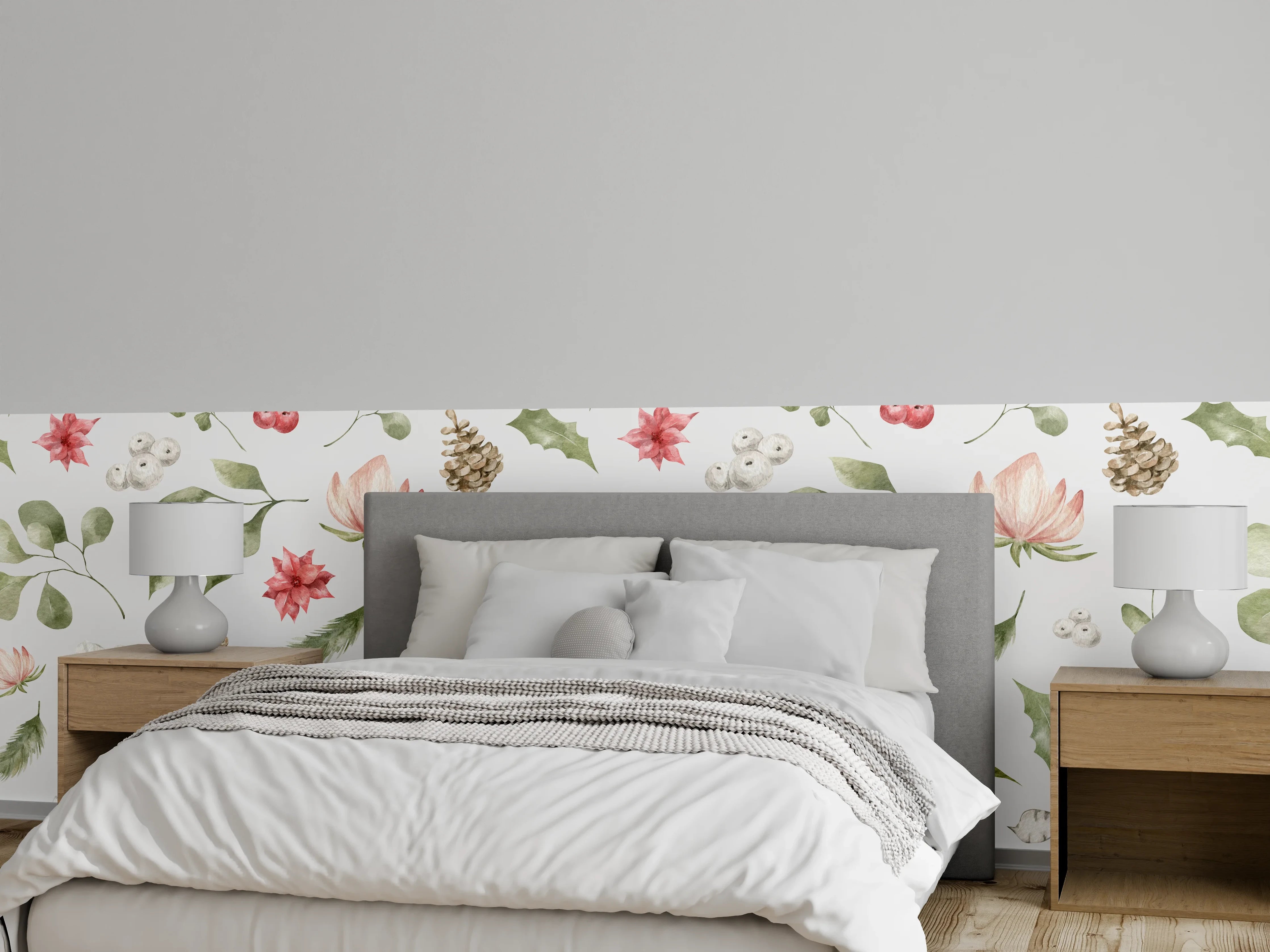 Wandverkleidung Schlafzimmer - Pastell Blumenmuster Weiß-Grün-Rosa