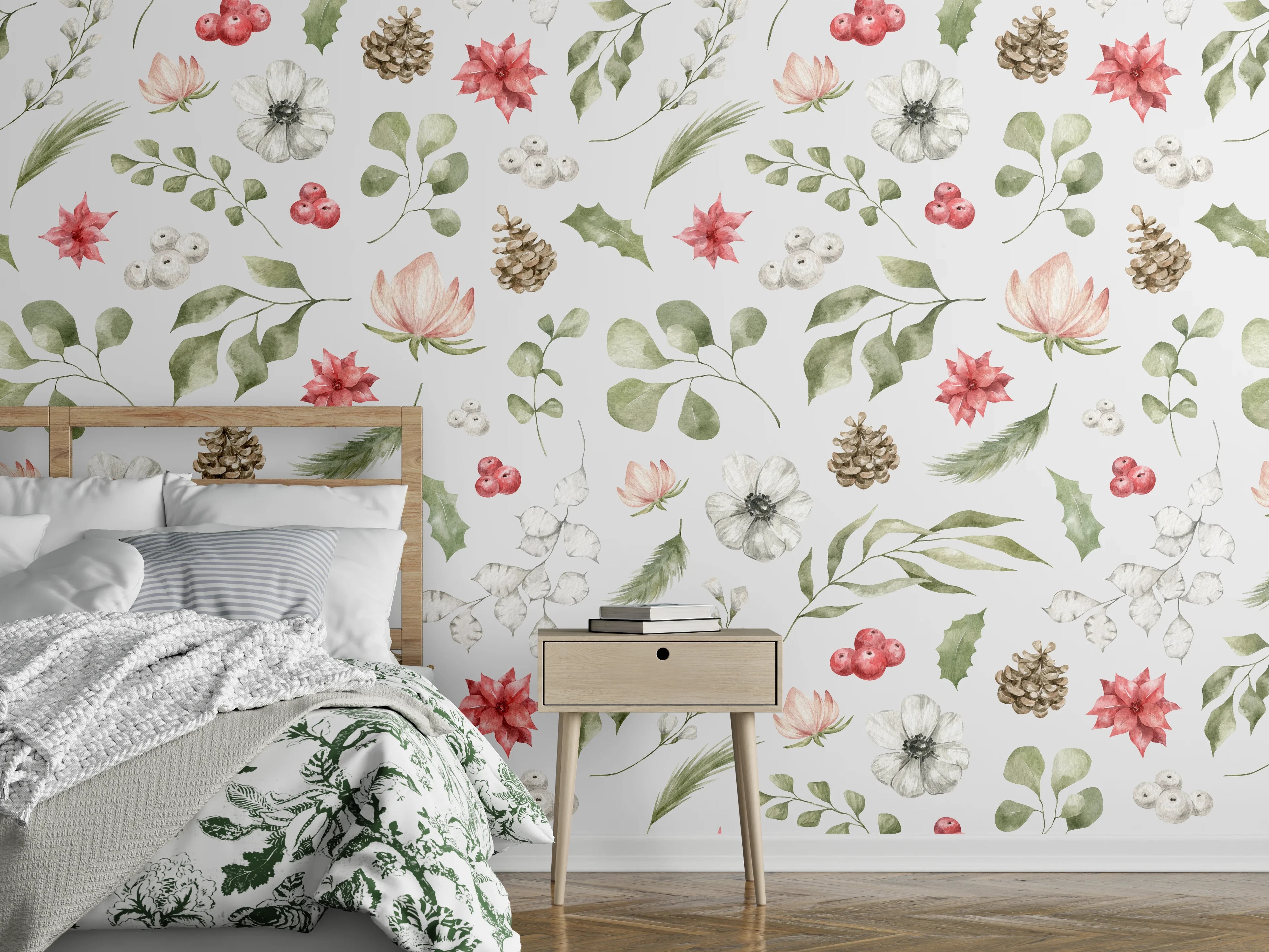 Wandverkleidung Schlafzimmer - Pastell Blumenmuster Weiß-Grün-Rosa