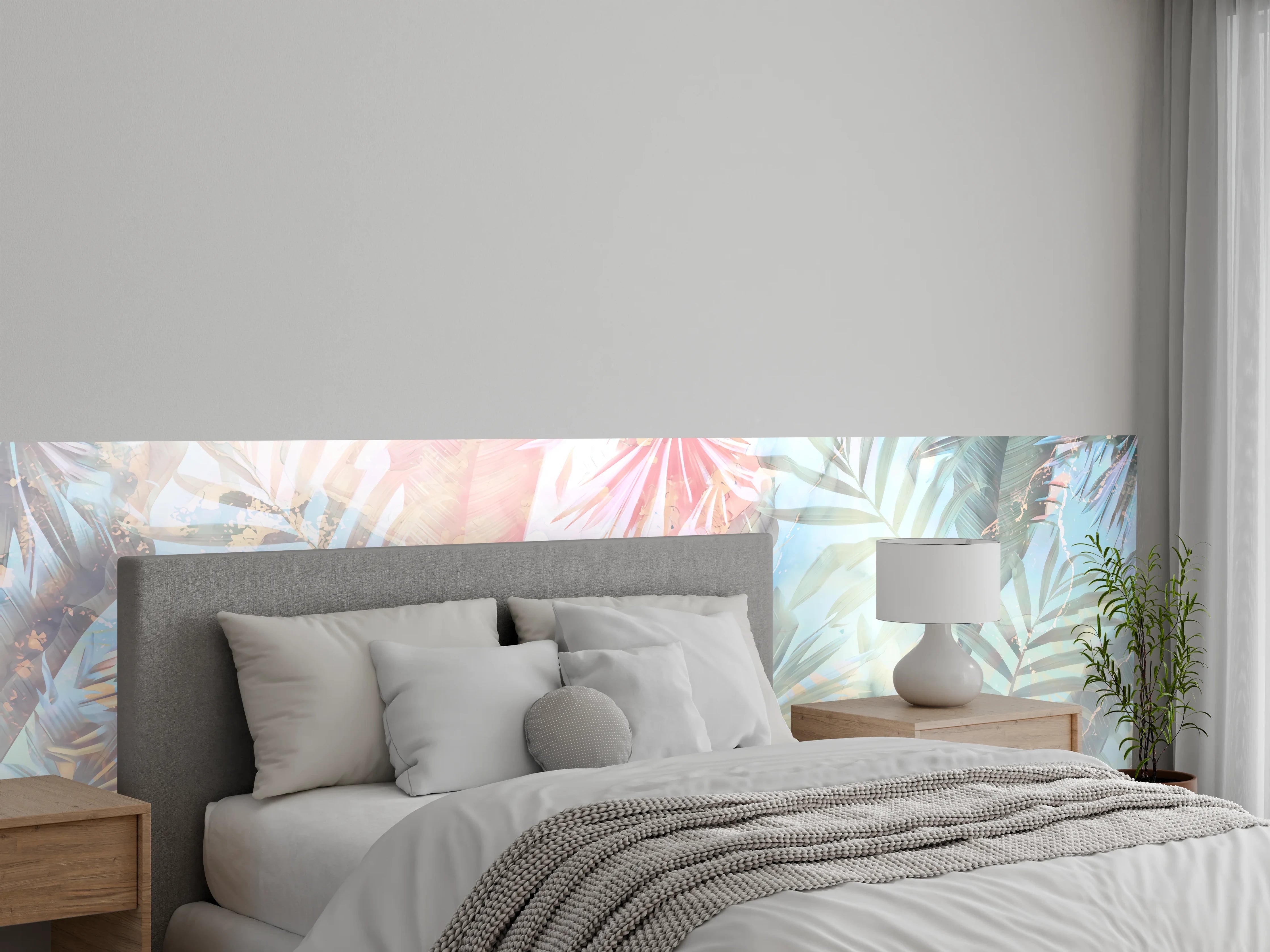 Wandverkleidung Schlafzimmer - Pastell Dschungel Palmen Blatt Muster