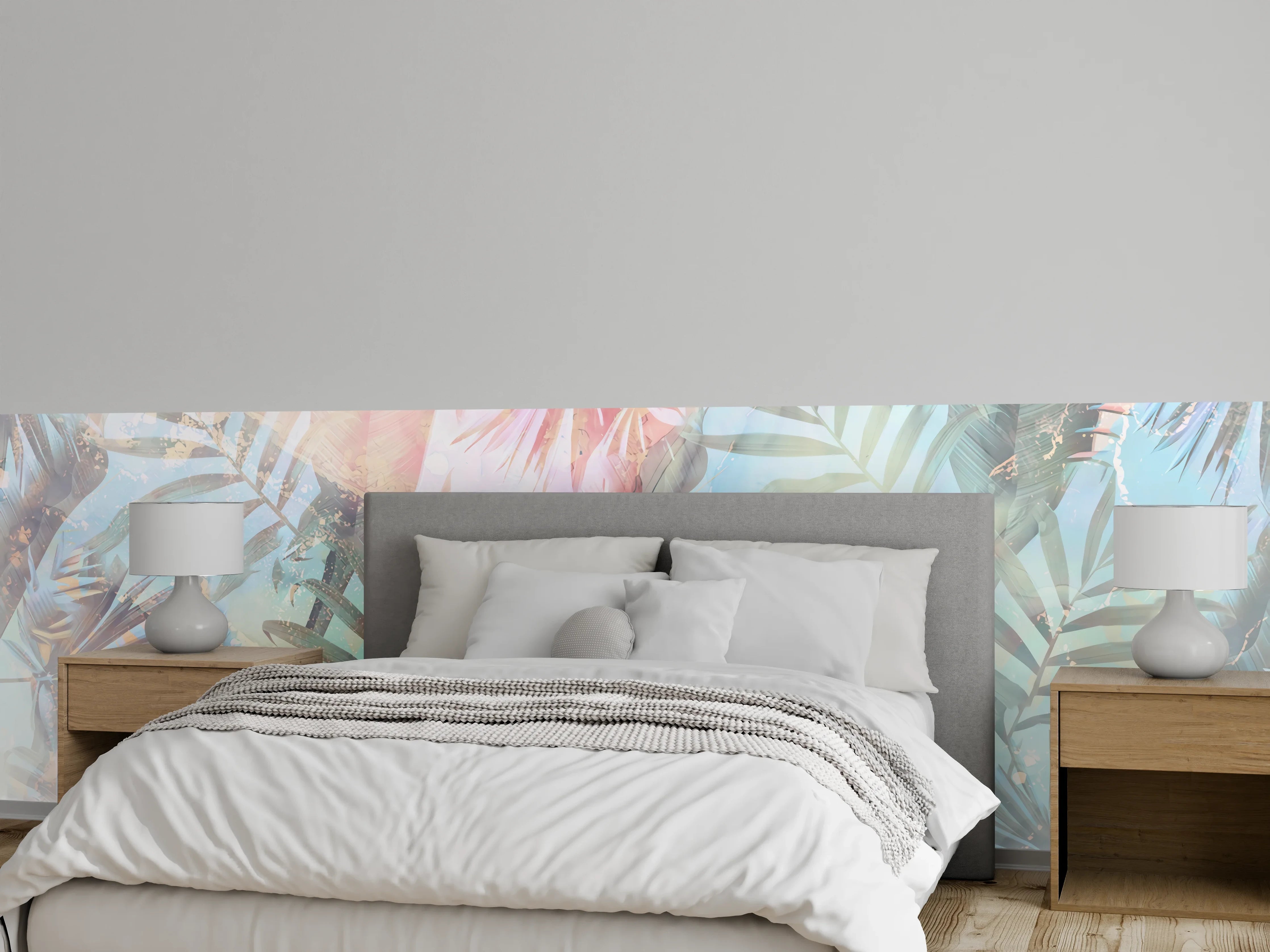 Wandverkleidung Schlafzimmer - Pastell Dschungel Palmen Blatt Muster