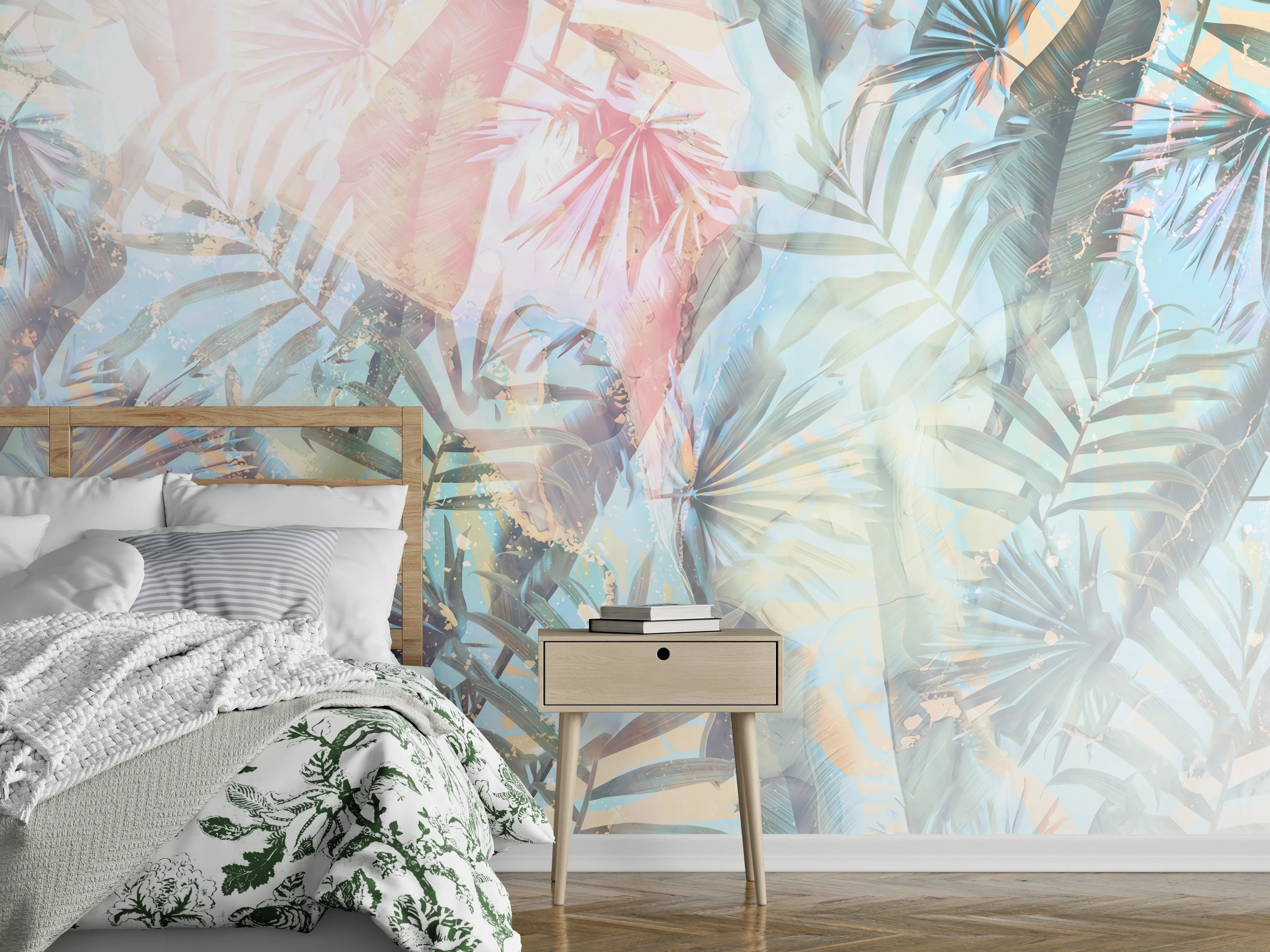 Wandverkleidung Schlafzimmer - Pastell Dschungel Palmen Blatt Muster